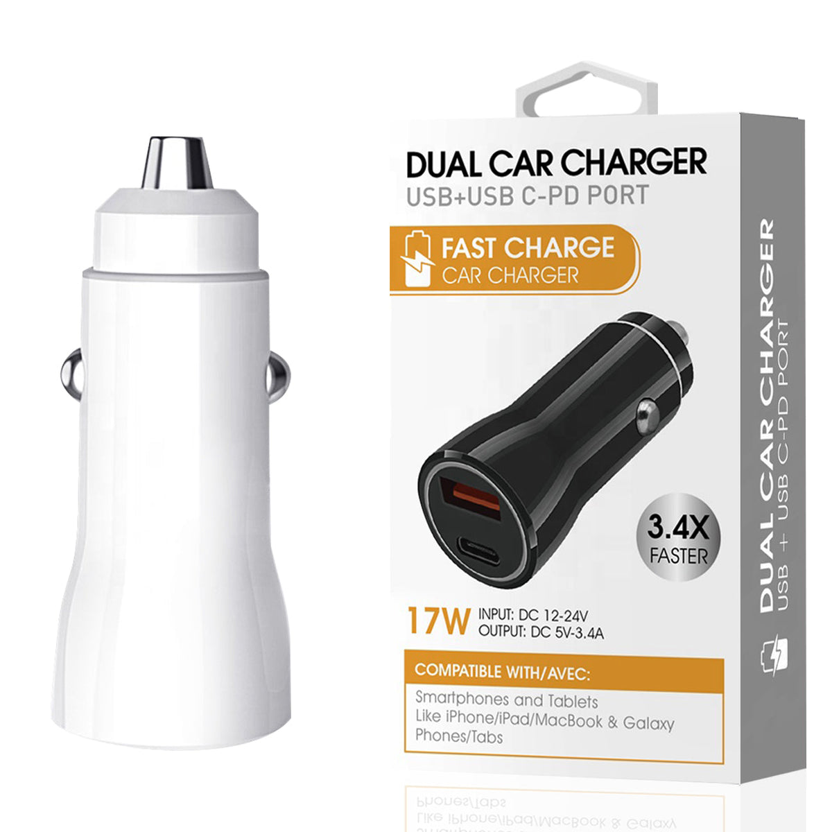 USB & USB-C PD port Dual Car charger In White - Premium & Reliable