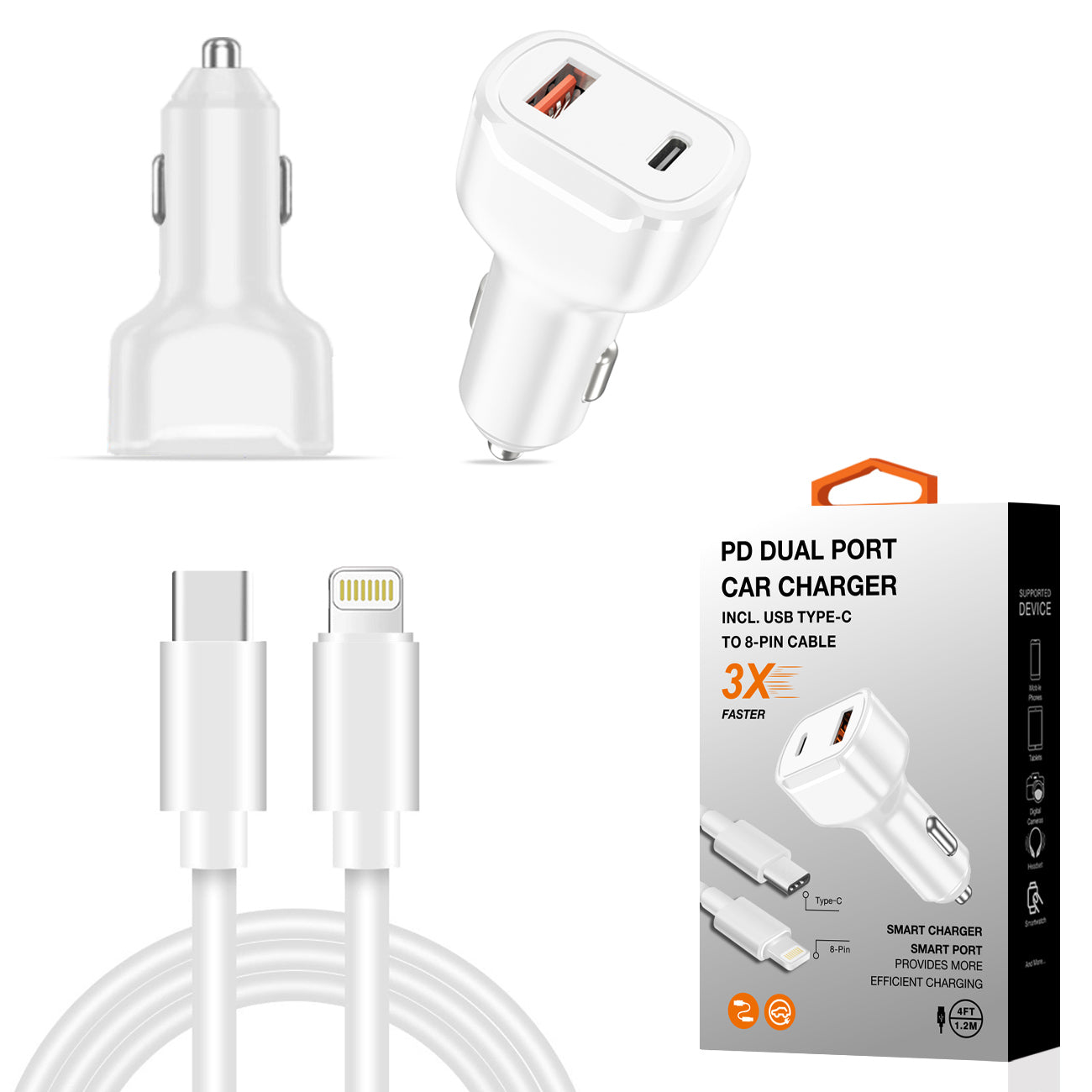 36W PD Dual Ports Travel Car Charger Adapter Fast Charging with USB-C To 8 Pin Cable - Durable & Reliable