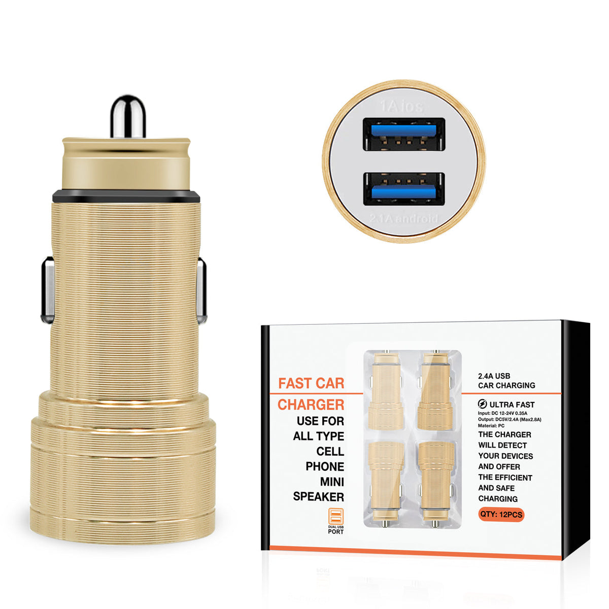Dual Port USB Car Charger/ Adapter In Gold (12pcs) - Premium & Reliable