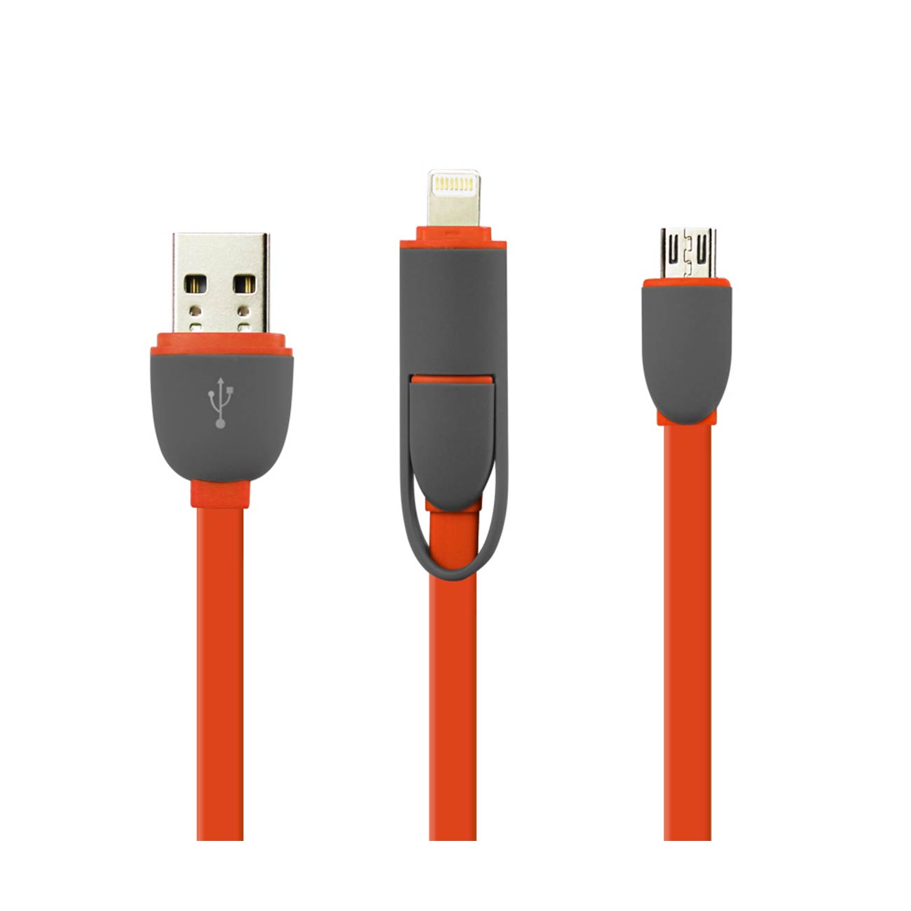 8PIN AND MICRO USB FLAT CABLE 3.2FT 2-IN-1 USB DATA IN CORAL RED - Heavy Duty & Reliable
