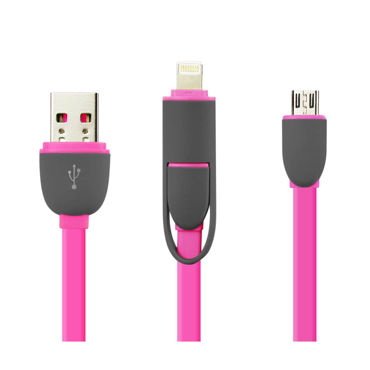 8PIN AND MICRO USB FLAT CABLE 3.2FT 2-IN-1 USB DATA IN HOT PINK - Durable & Reliable