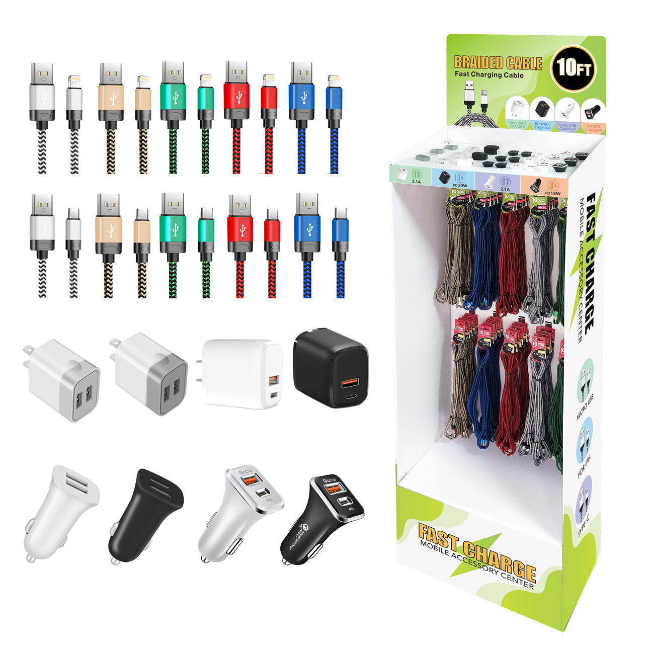 PLASTIC DISPLAY SET(car& travel charger/PD adapter/10ft data cable) Total 108pcs - Heavy Duty & Reliable