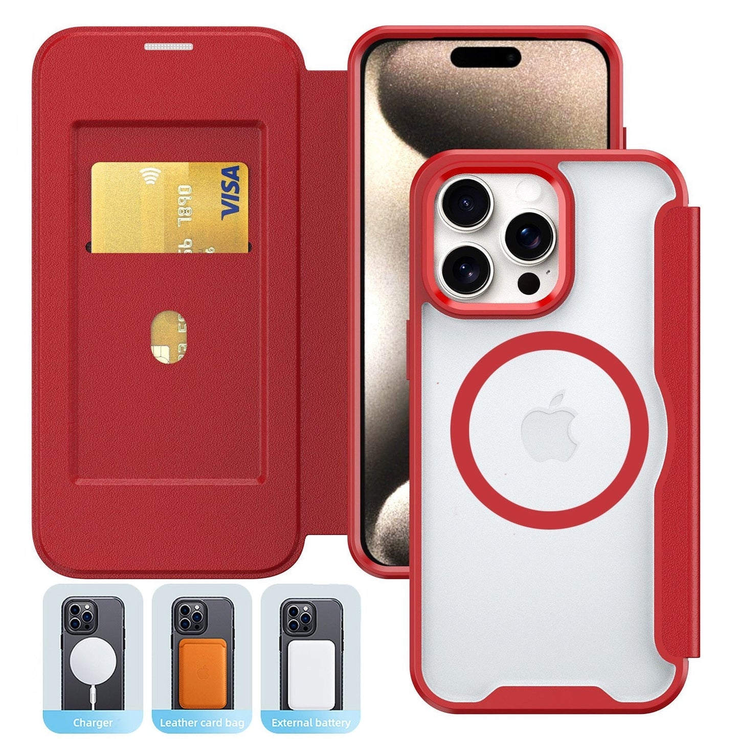 iPhone 16 Compatible PU Leather Magnetic Flap Phone Case with Magsafe In Red For iPhone 16 (FC37-IPH16RD) - Premium Protection by