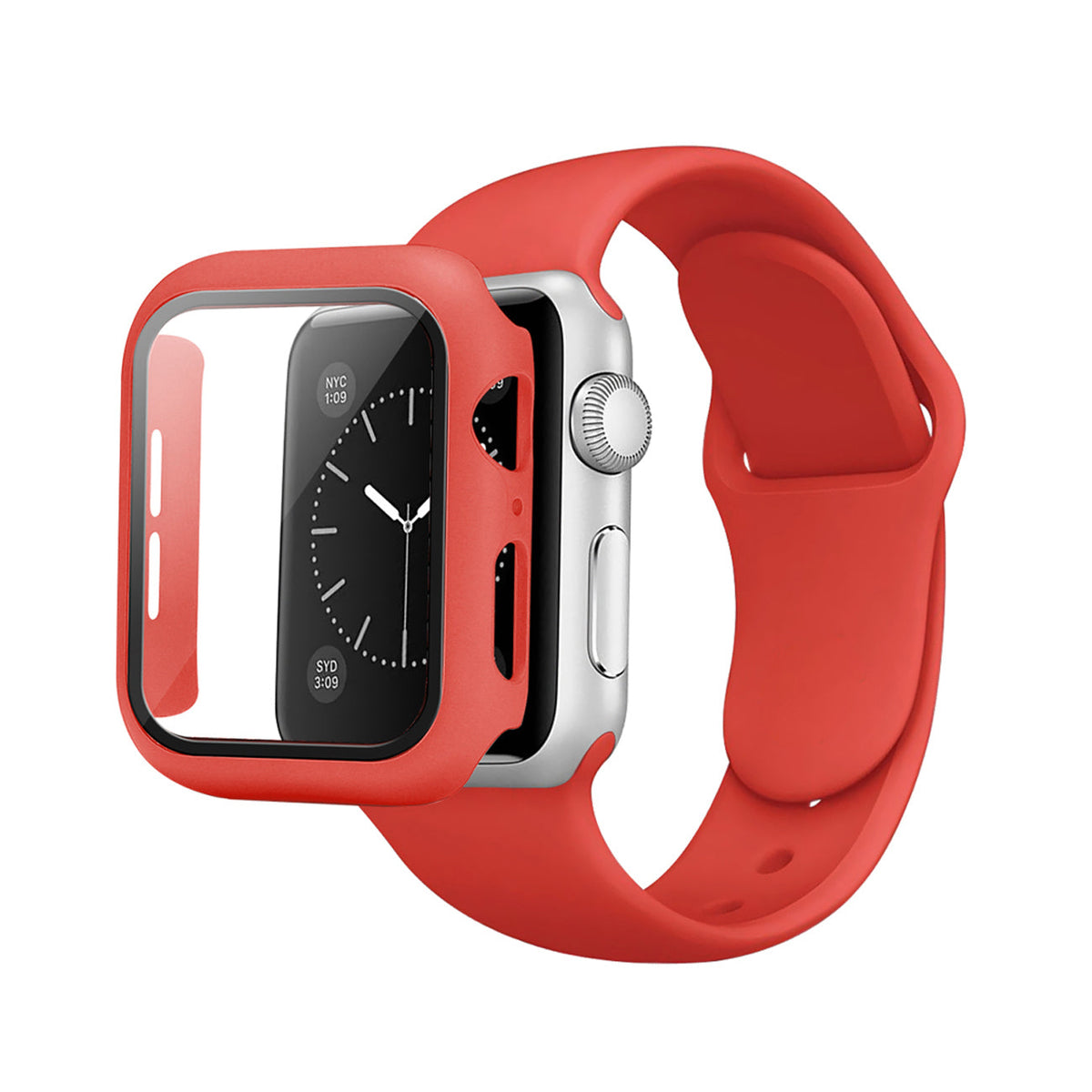 Red Color PC Watch Case With Glass Screen Protector and Silicone Watch Band for Apple Watch 40mm - Shockproof & Reliable