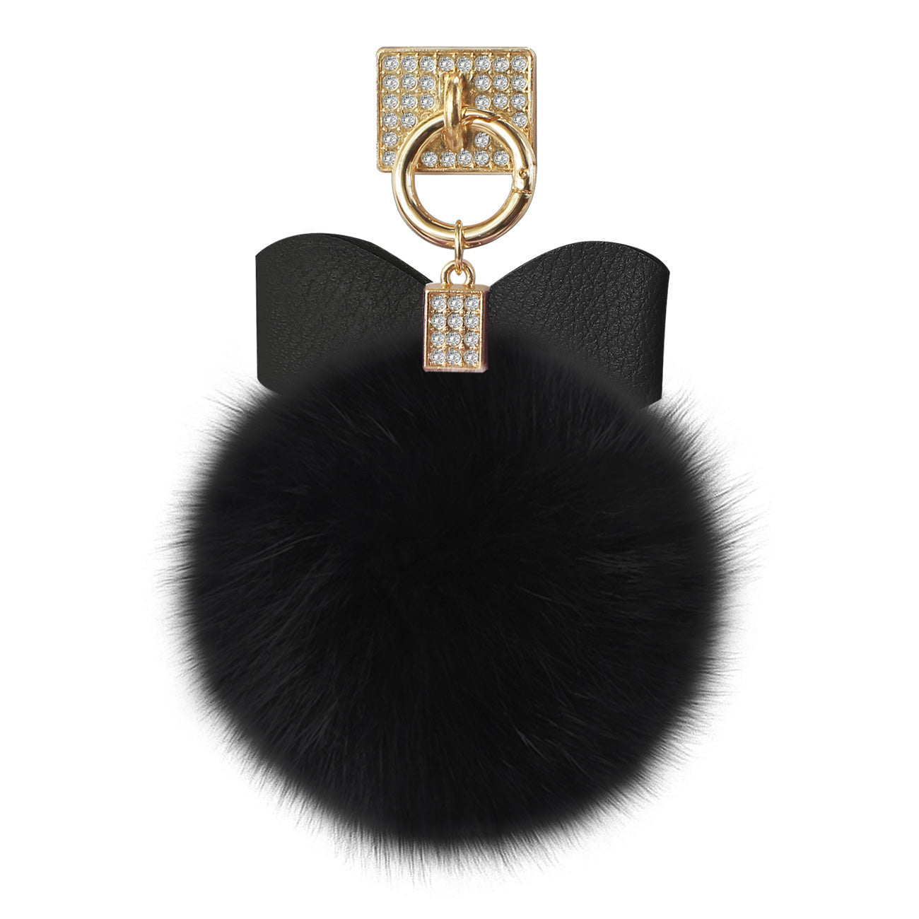 PHONE HOLDER/ FINGER LOOP GRIP WITH RHINESTONE SOFT PUFFY FUR BALL IN BLACK - Crystal Clear & Reliable