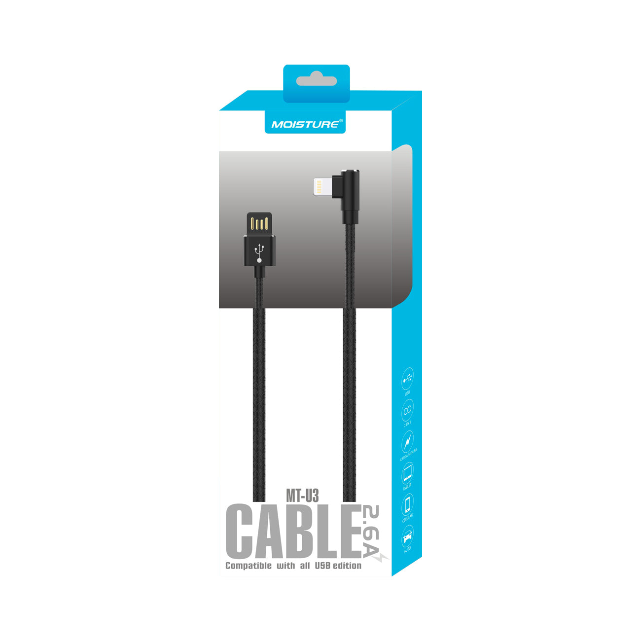 Moisture 2.6A Premium Full Steel USB TO 8PIN Cable In Black - Shockproof & Reliable