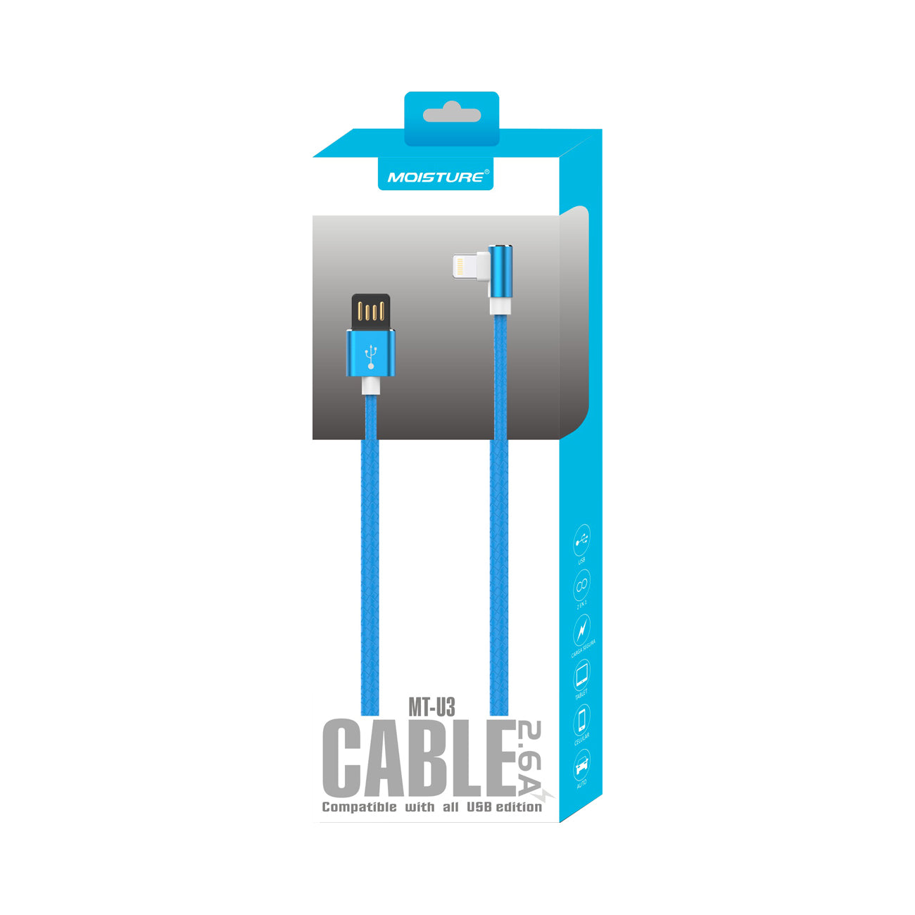 Moisture 2.6A Premium Full Steel USB TO 8PIN Cable In Blue - Heavy Duty & Reliable