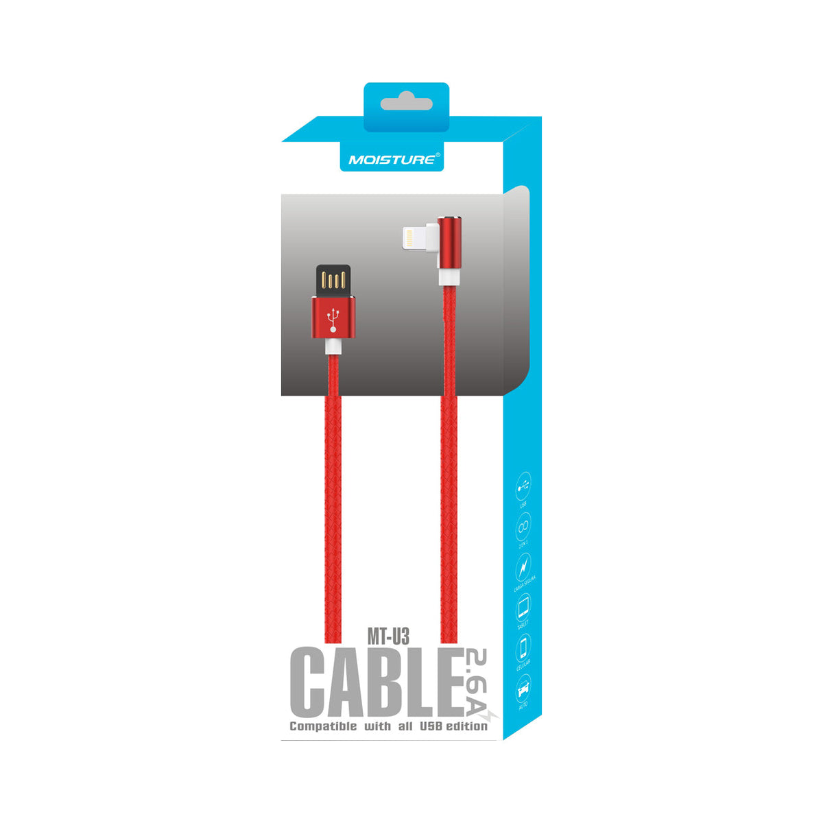 Moisture 2.6A Premium Full Steel USB TO 8PIN Cable In Red - Heavy Duty & Reliable