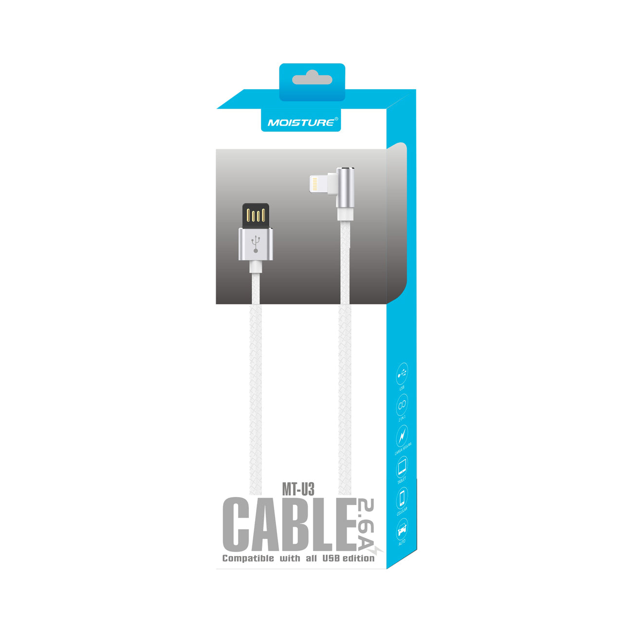 Moisture 2.6A Premium Full Steel USB TO 8PIN Cable In Blue - Heavy Duty & Reliable