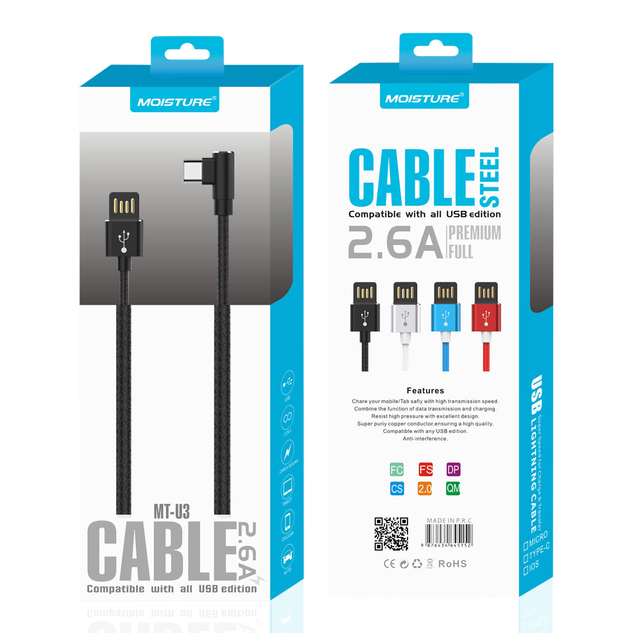 Moisture 2.6A Premium Full Steel USB TO Type C Cable In Black - Shockproof & Reliable