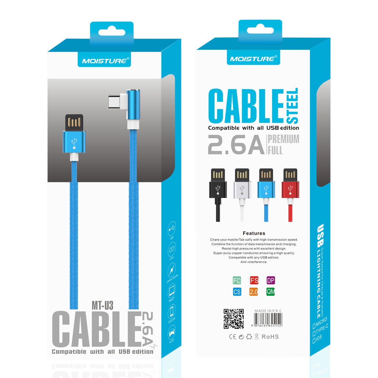Moisture 2.6A Premium Full Steel USB TO Type C Cable In Blue - Crystal Clear & Reliable
