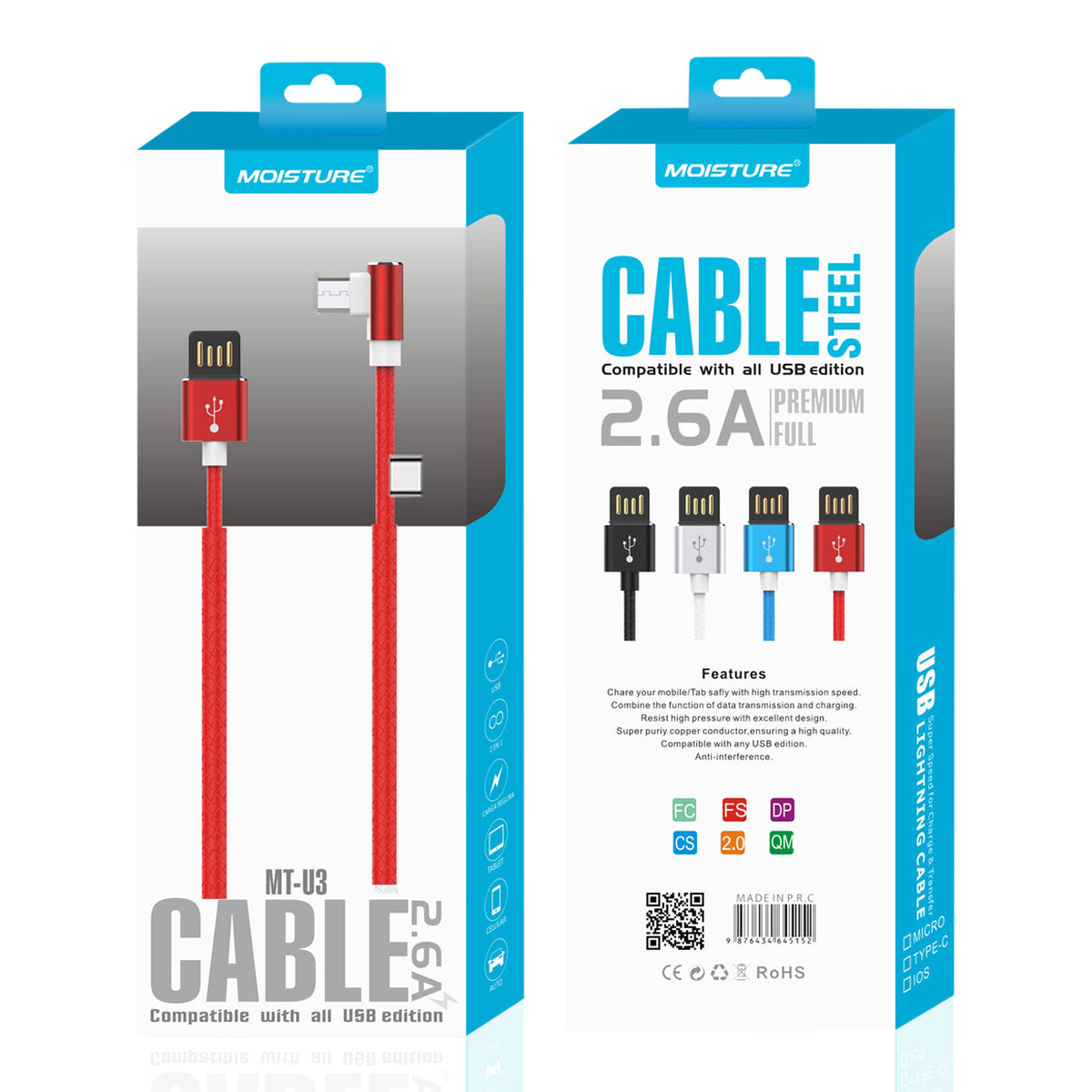 Moisture 2.6A Premium Full Steel USB TO Type C Cable In Red - Shockproof & Reliable