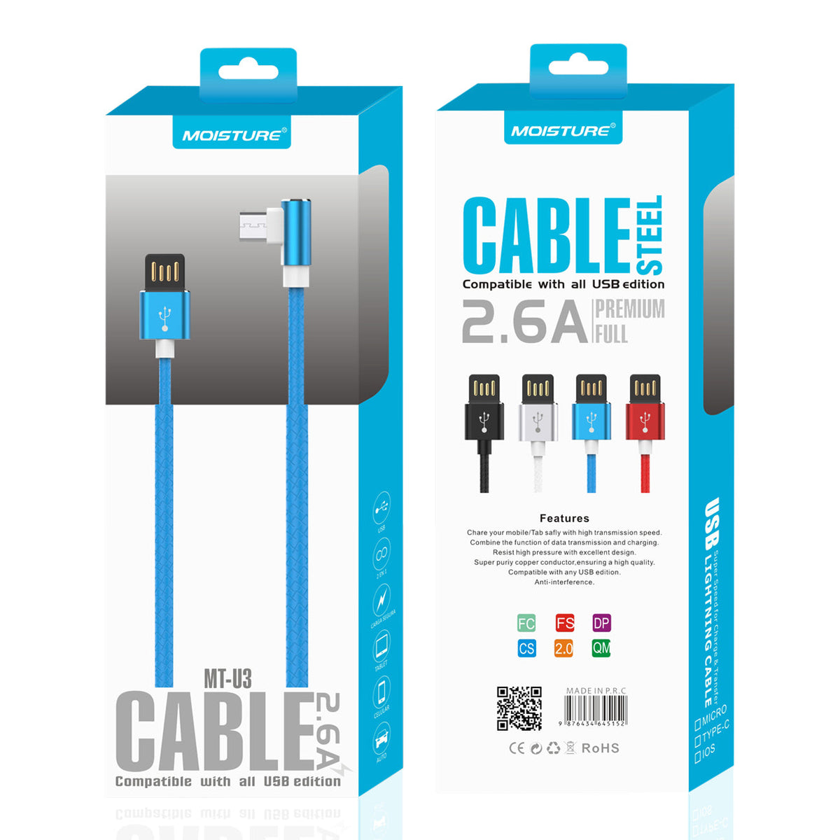 Moisture 2.6A Premium Full Steel USB To Micro Cable In Black - Crystal Clear & Reliable