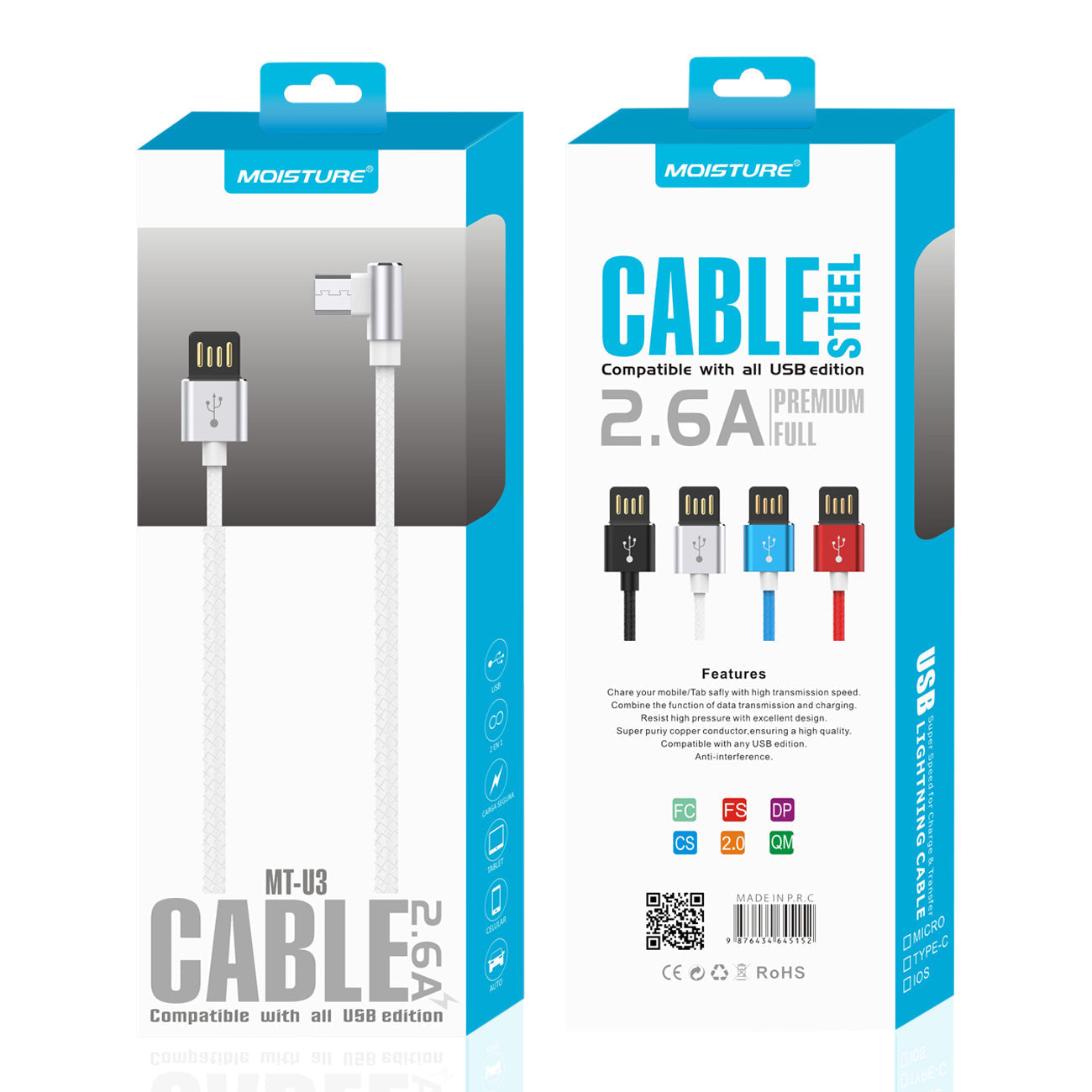 Moisture 2.6A Premium Full Steel USB To Micro Cable In Silver - Premium & Reliable