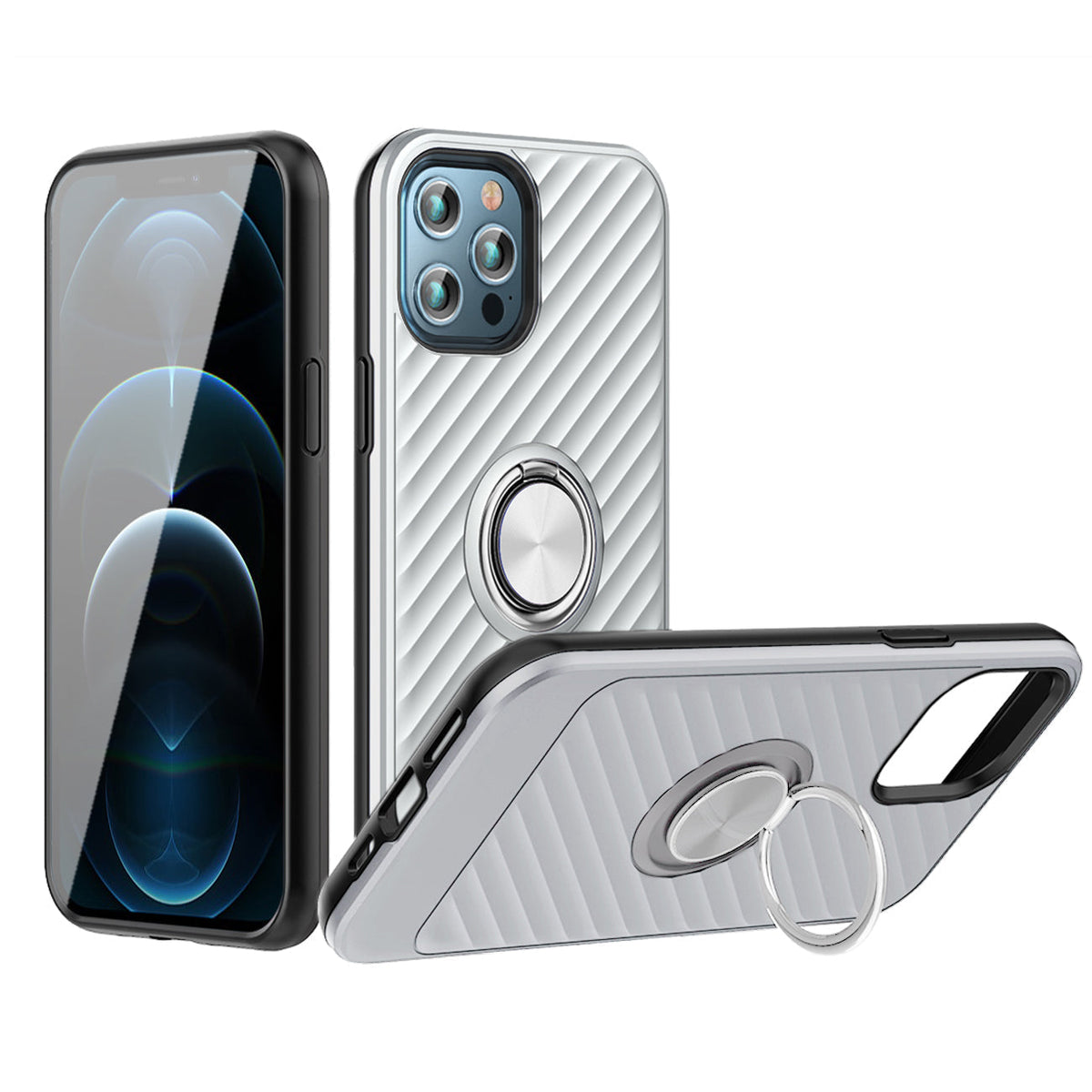 IPHONE 12 Compatible Phone Case with Ring Holder APPLE IPHONE 12/IPHONE 12 PRO In Silver - Shockproof Protection by