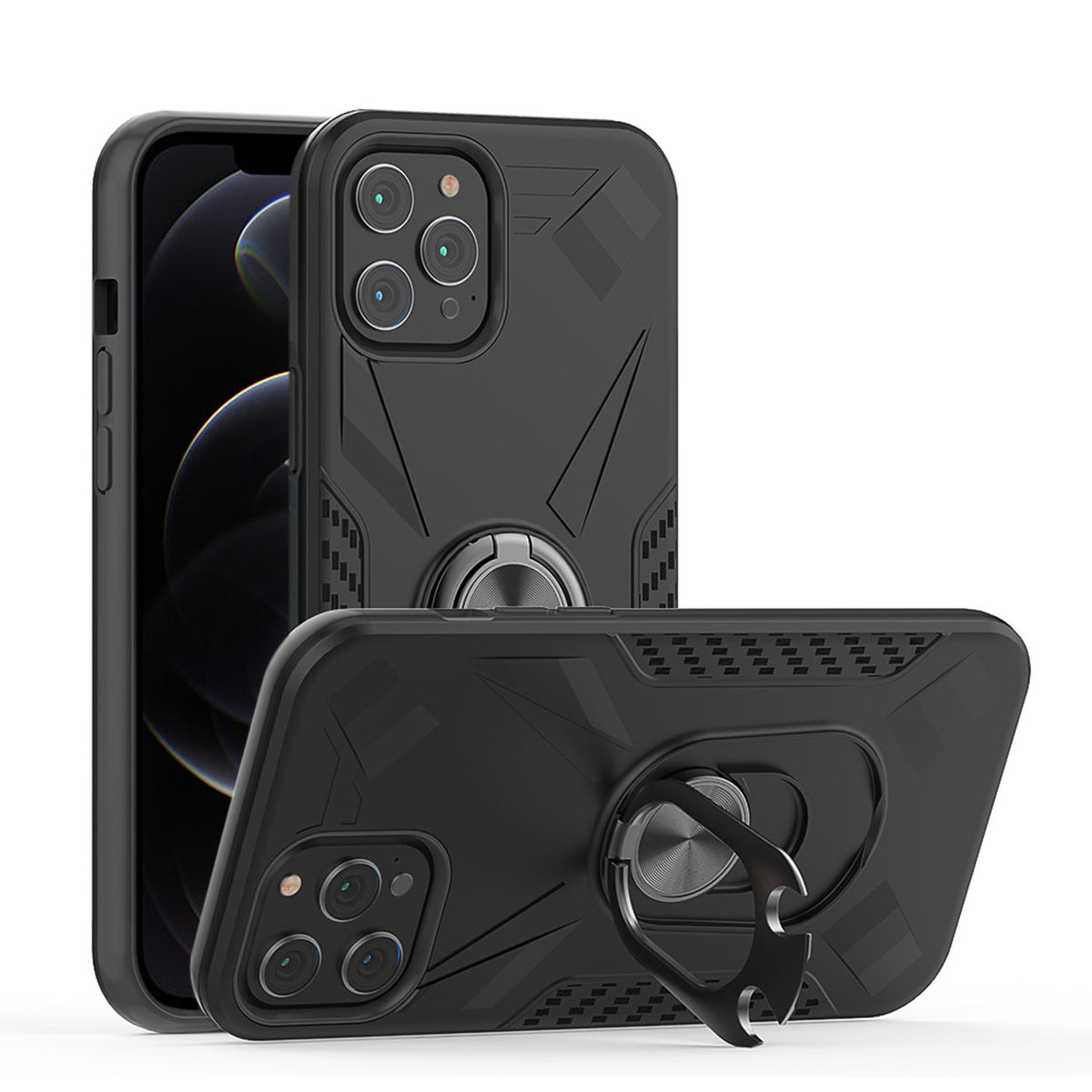 IPHONE 12 PRO Compatible APPLE IPHONE 12 PRO MAX Case with Ring Holder In Black - Heavy Duty Protection by