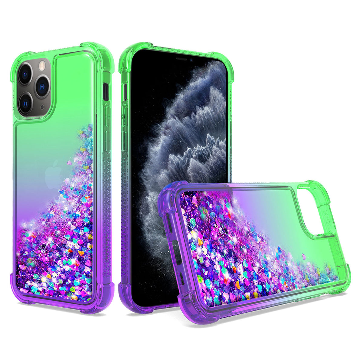 IPHONE 11 PRO Compatible Shiny Flowing Glitter Liquid Bumper Case For APPLE IPHONE 11 PRO MAX In Green - Crystal Clear Protection by