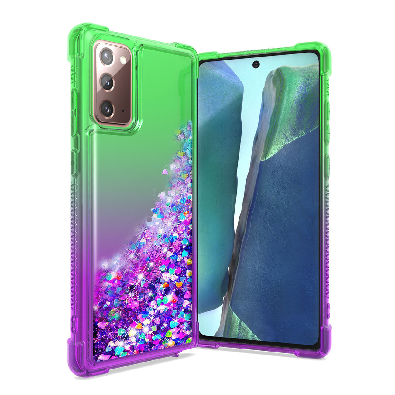 Shiny Flowing Glitter Liquid Bumper Case For SAMSUNG GALAXY NOTE 20 In Green - Heavy Duty & Reliable