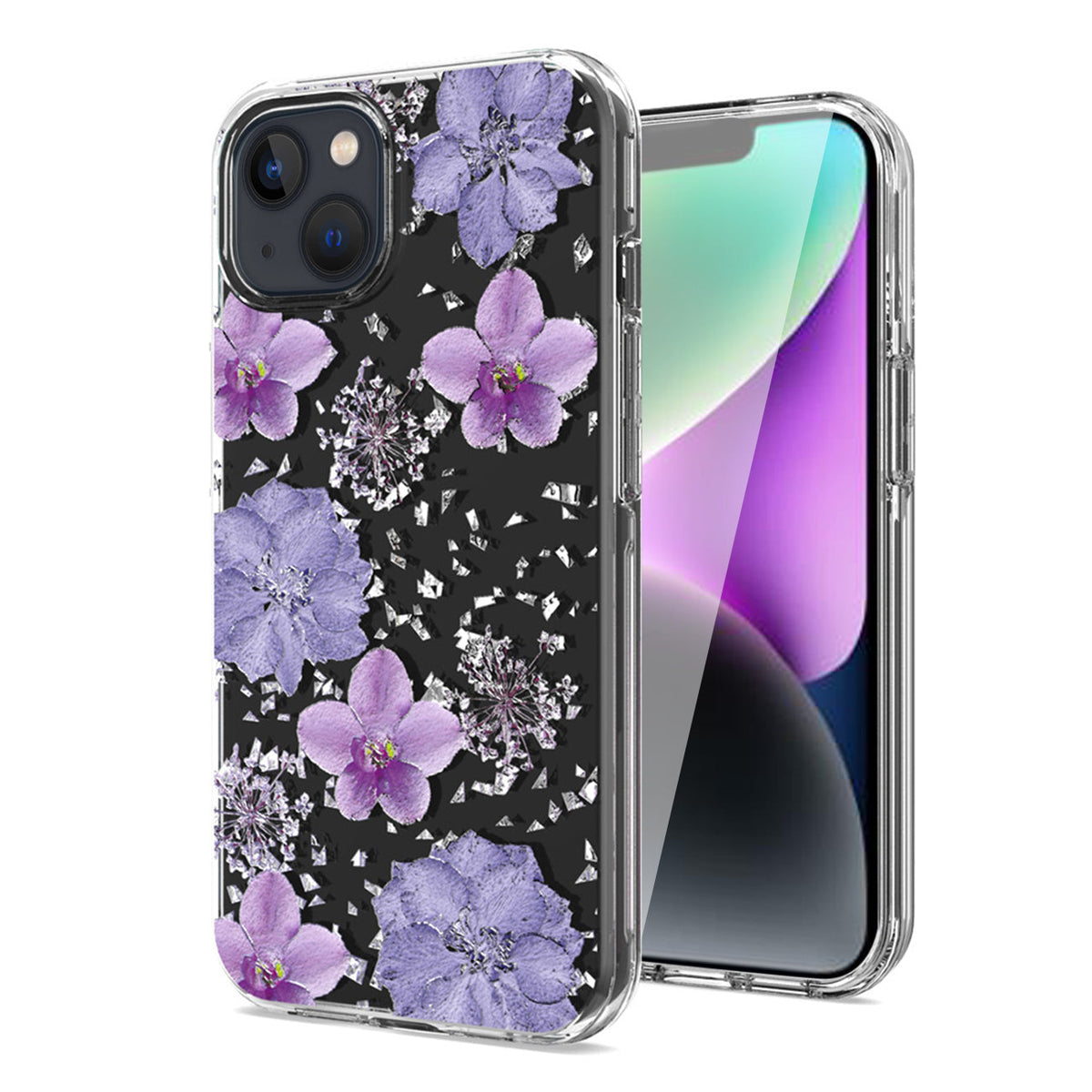 iPhone 14 Plus Compatible Pressed dried flower Design Phone case For iPhone 14 Plus In Purple - Crystal Clear Protection by