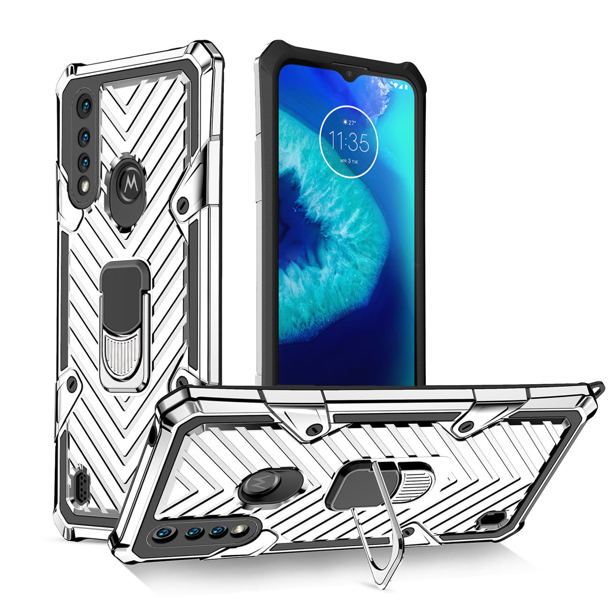 Kickstand Anti-Shock And Anti Falling Case for Moto G8 Power Lite In Silver - Heavy Duty & Reliable