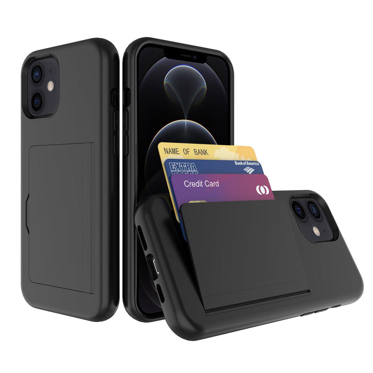 iPhone 12 Mini Compatible TPU PC Hybrid 2-in-1 Flip Card Holder Phone Case for Apple iPhone 12 Mini In Black - Durable Protection by