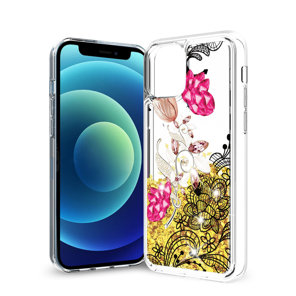 iPhone 12 Mini Glitter Case Moving Quicksand Yellow Floral - Ultra-Slim & Reliable