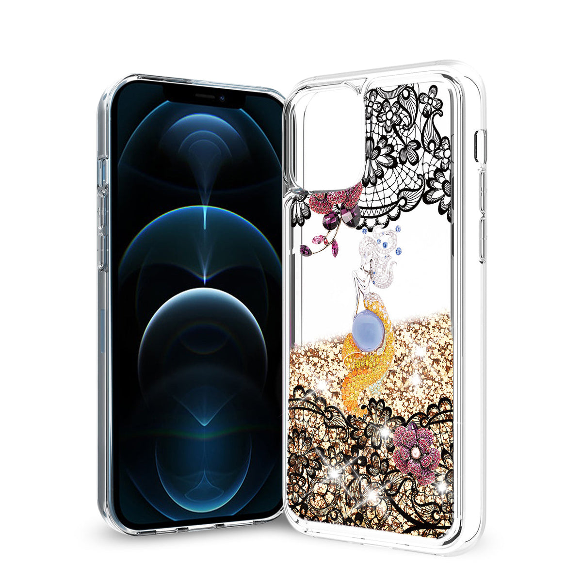 iPhone 12 Pro Max Glitter Case Moving Quicksand Gold Floral Mermaid - Crystal Clear & Reliable