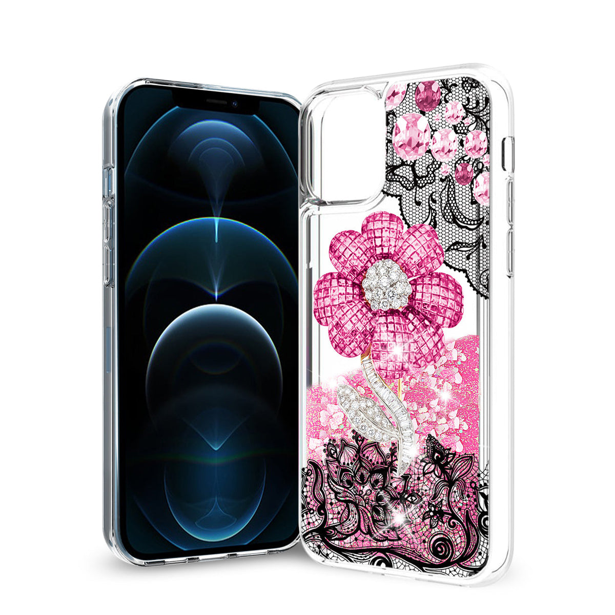 iPhone 12 / 12 Pro Glitter Case Moving Quicksand Pink Floral - Durable & Reliable