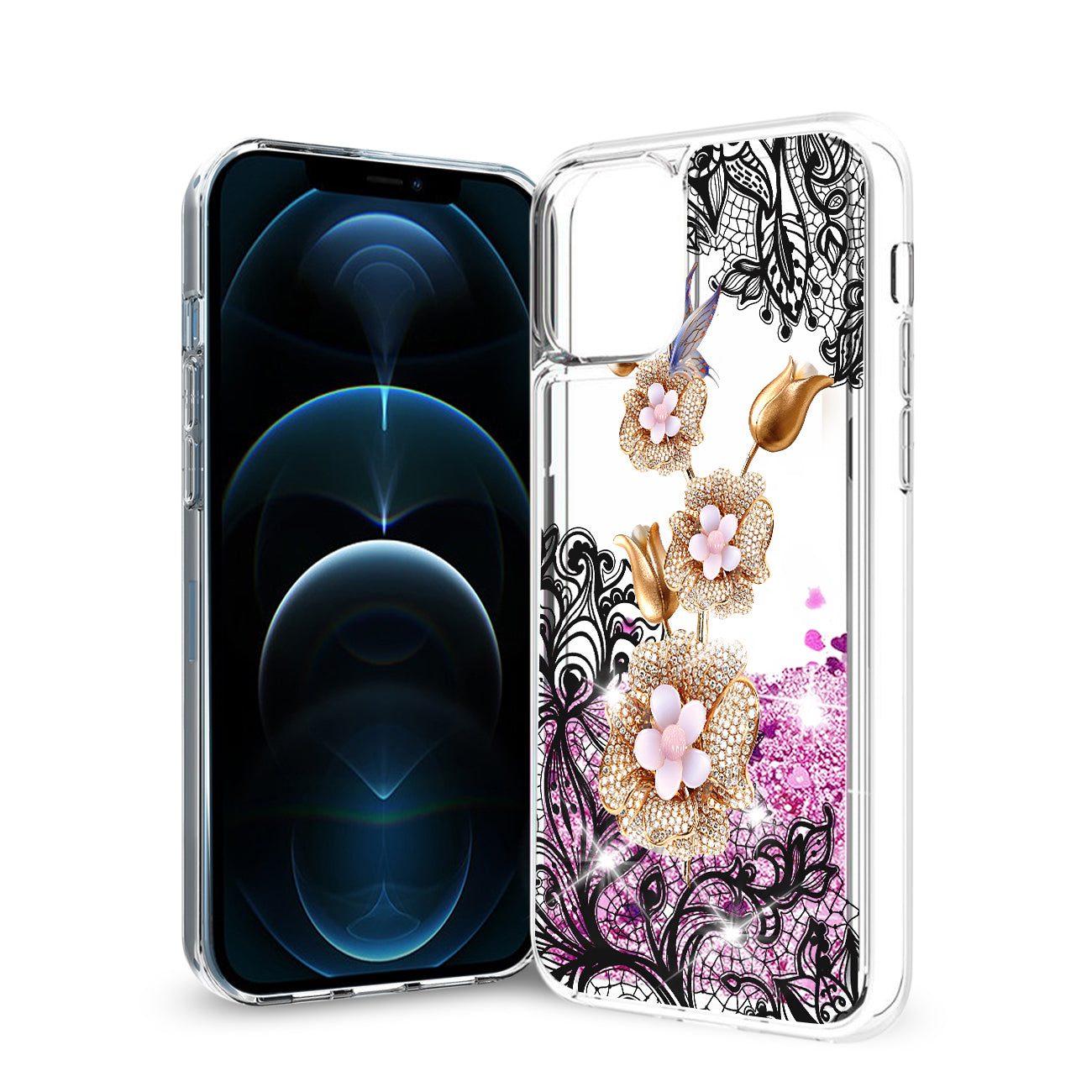 iPhone 12 / 12 Pro Glitter Case Moving Quicksand Pink Floral Gold Petals - Durable & Reliable