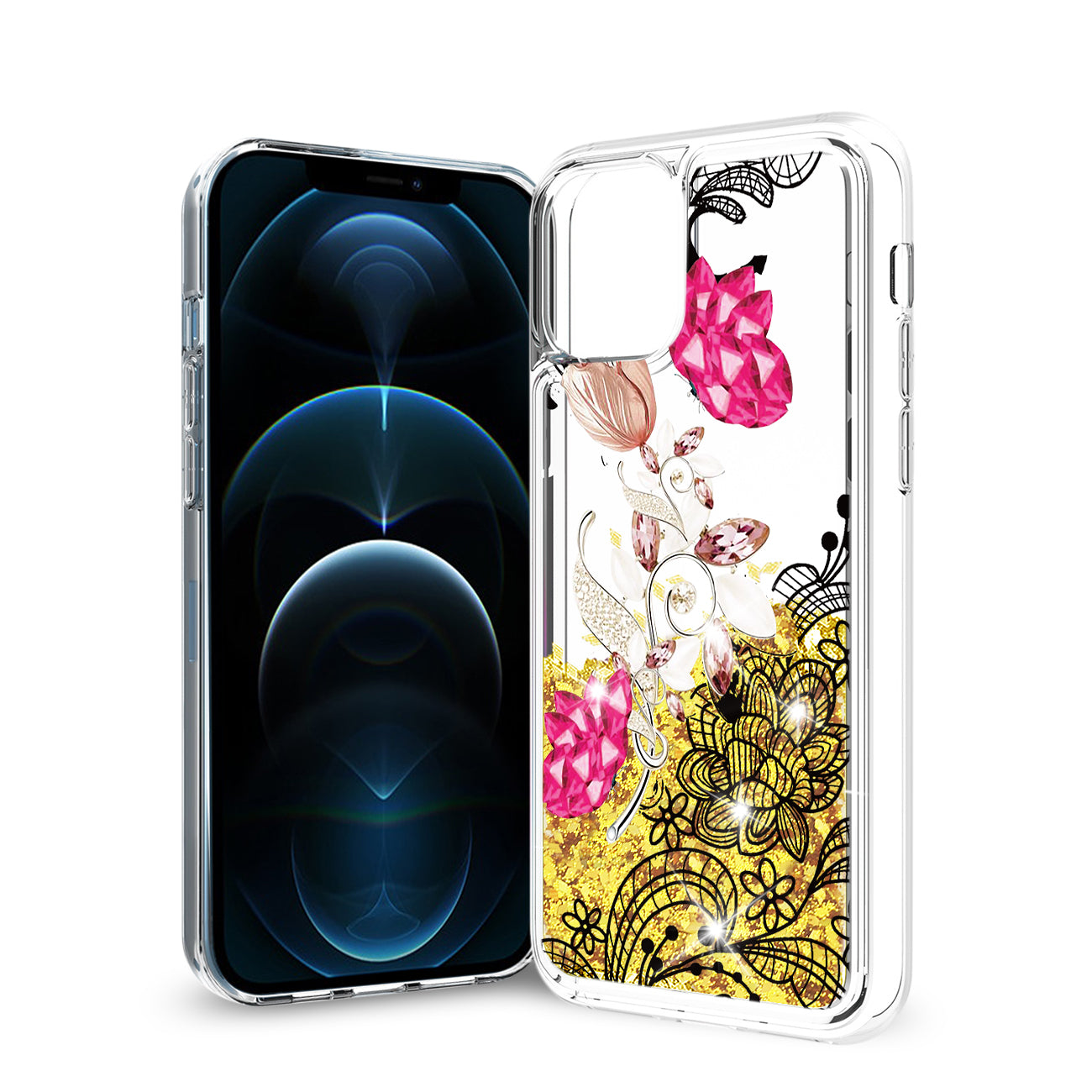 iPhone 12 / 12 Pro Glitter Case Moving Quicksand Yellow Floral - Heavy Duty & Reliable