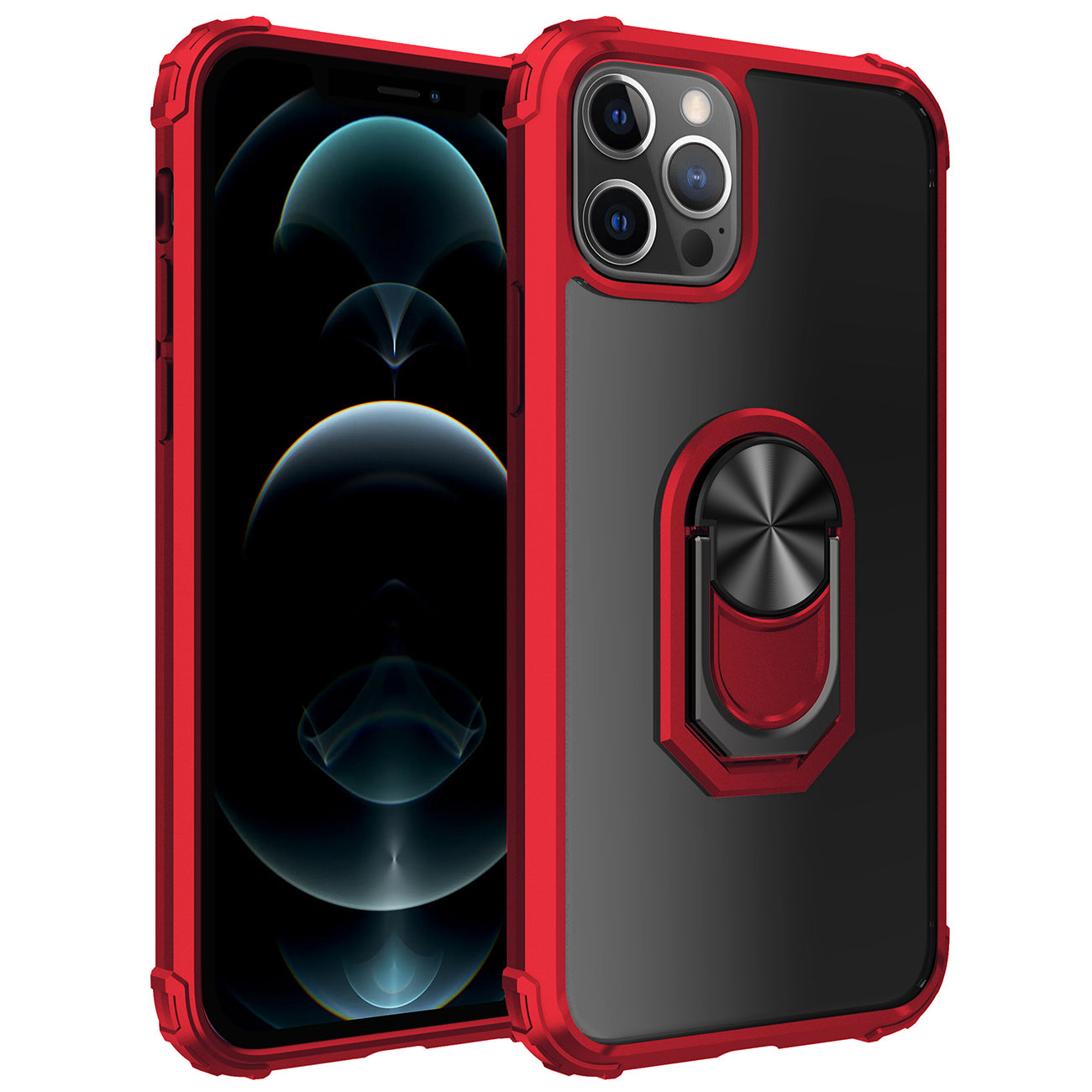 IPHONE 12 Compatible Kickstand Ring Holder TPU Shockproof Case With Magnetic Car MountAPPLE IPHONE 12/IPHONE 12 PRO In Red - Premium Protection by