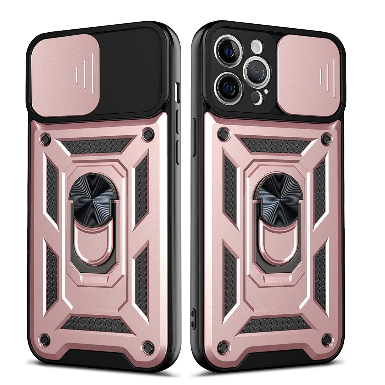 IPHONE 12 Compatible Kickstand Ring Holder with Slide Camera Cover TPU Shockproof Case and Magnetic Car Mount for APPLE IPHONE 12/IPHONE 12 PRO In Rose Gold - Crystal Clear Protection by
