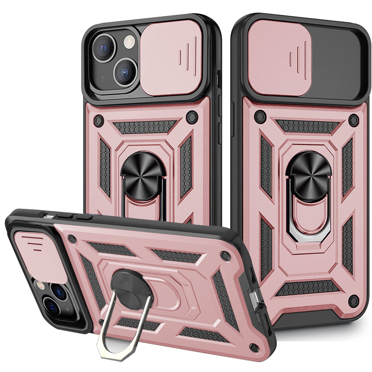 IPHONE 13 MINI Compatible Kickstand Ring Holder & Slide Camera Cover Magnetic Car Mount for APPLE IPHONE 13 MINI In Rose gold - Crystal Clear Protection by