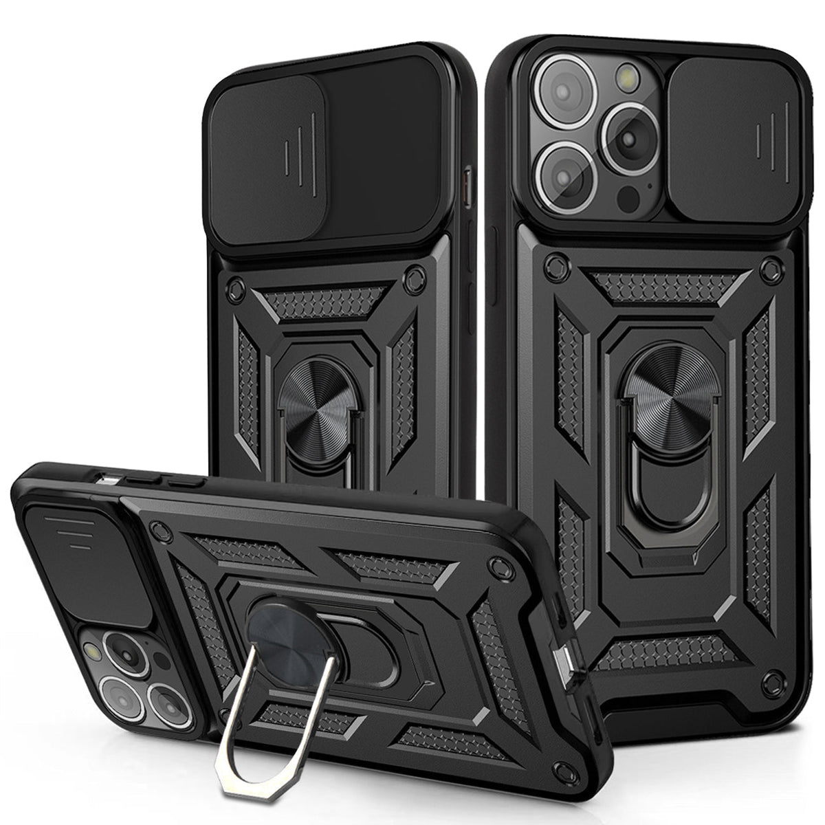 IPHONE 13 PRO Compatible Kickstand Ring Holder & Slide Camera Cover Magnetic Car Mount for APPLE IPHONE 13 PRO In Black - Heavy Duty Protection by