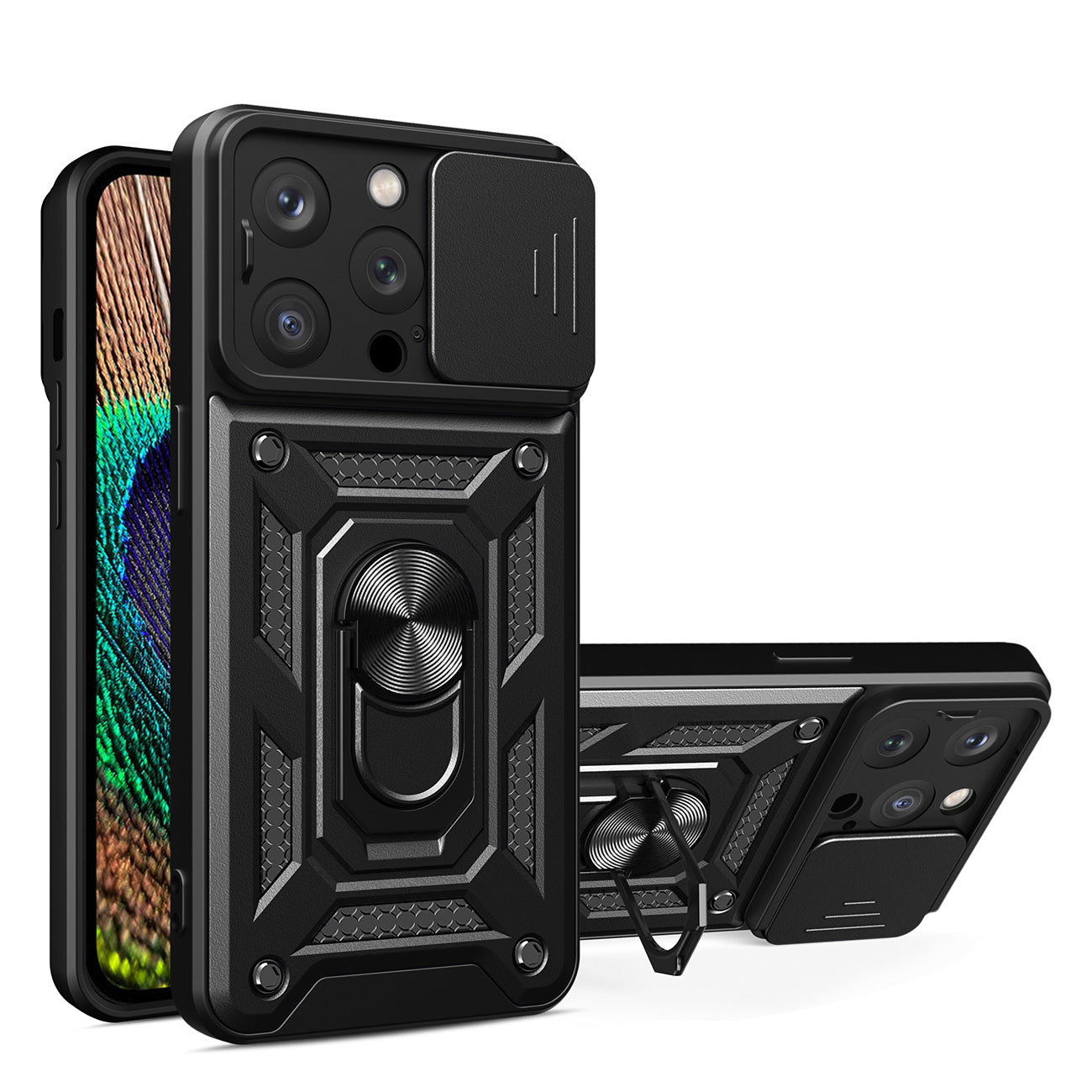 IPHONE 15 PRO Compatible Kickstand Ring Holder with Slide Camera Cover TPU Magnetic Car Mount for APPLE IPHONE 15 PRO In Black - Heavy Duty Protection by