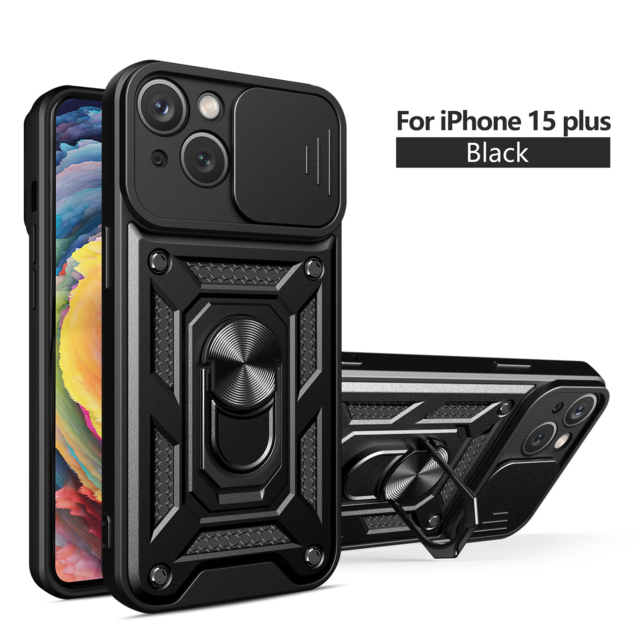 IPHONE 15 PLUS Compatible Kickstand Ring Holder with Slide Camera Cover TPU Magnetic Car Mount for APPLE IPHONE 15 PLUS In Black - Crystal Clear Protection by