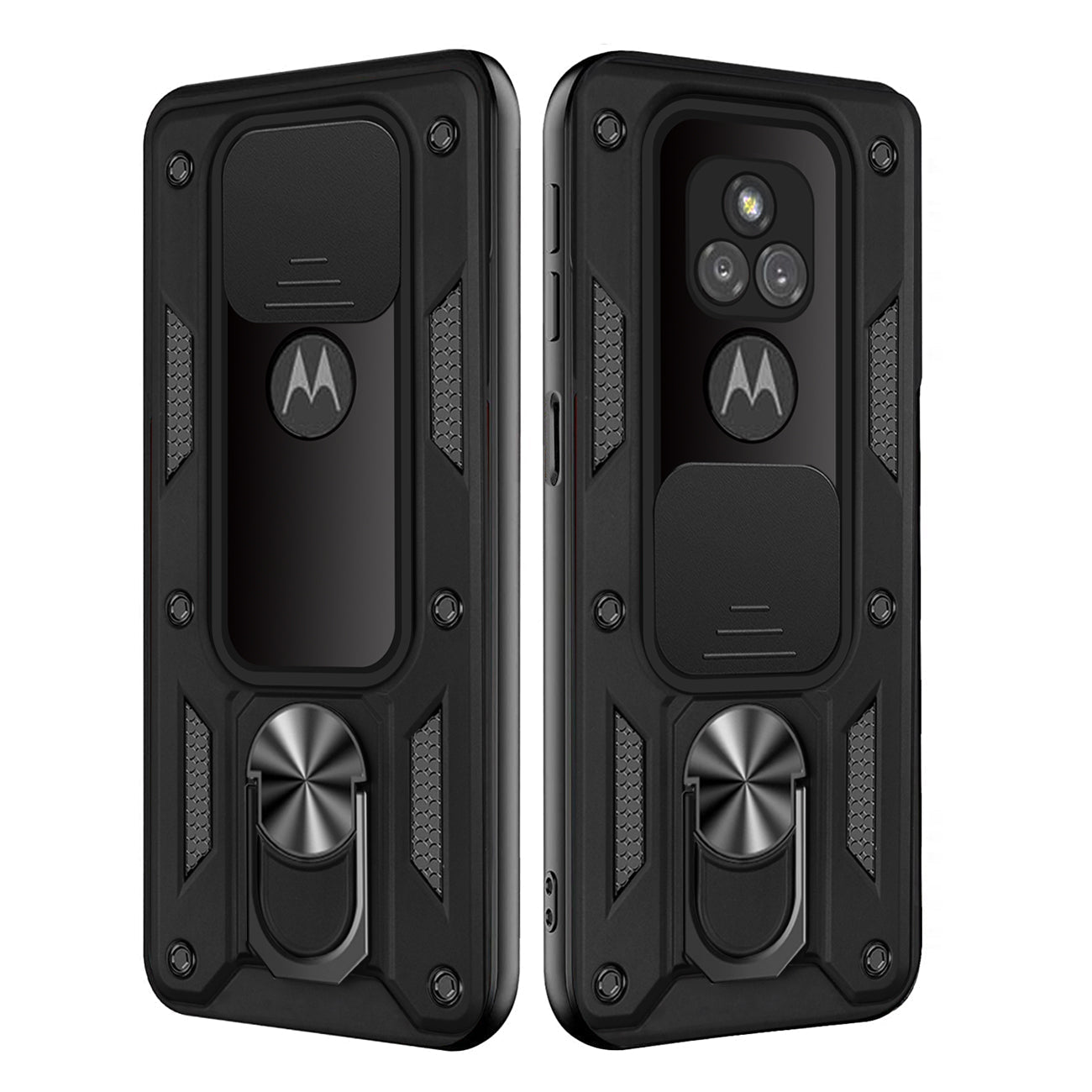 Kickstand Ring Holder with Slide Camera Cover TPU Shockproof Case and Magnetic Car Mount for MOTOROLA G PLAY In Black In Black - Heavy Duty & Reliable