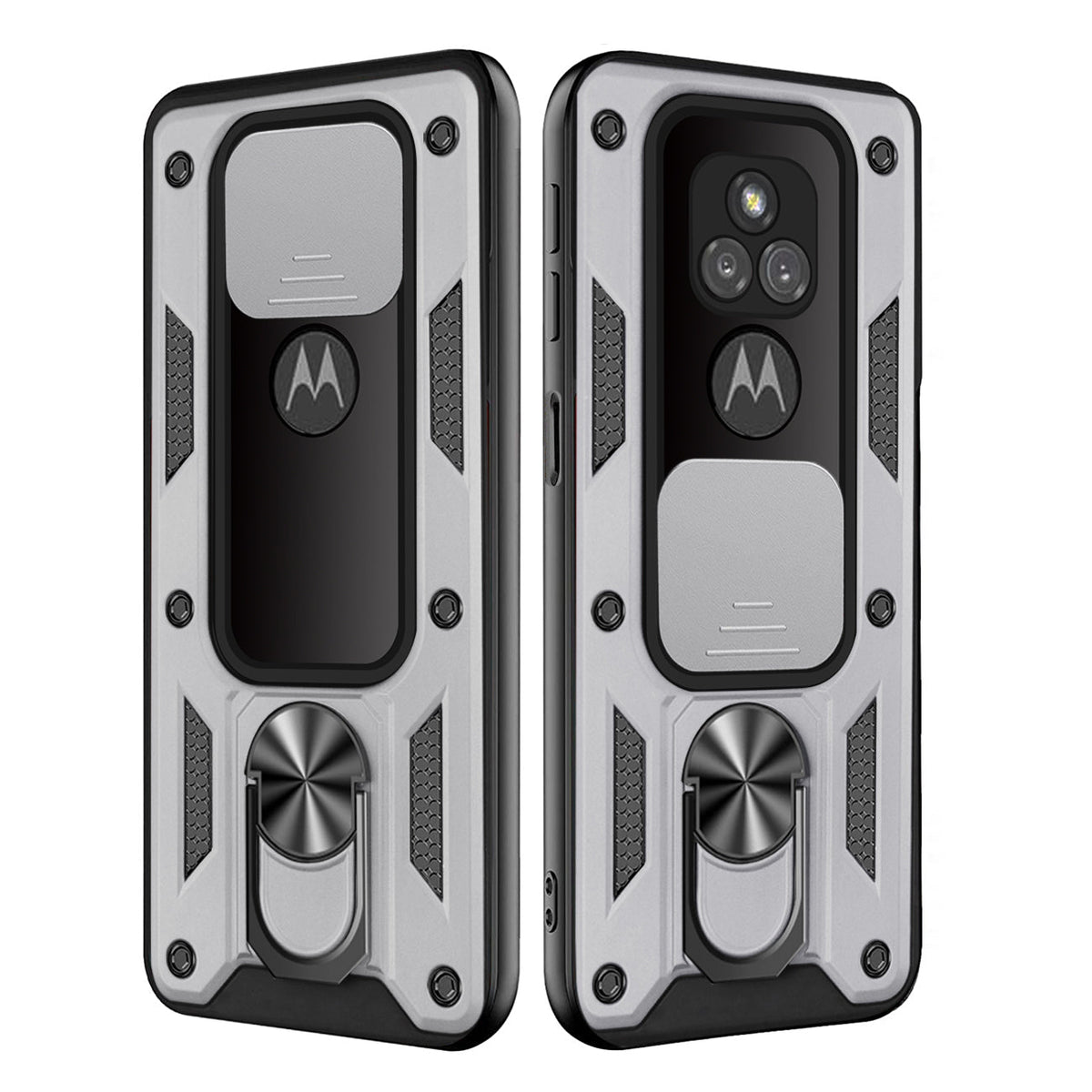 Kickstand Ring Holder with Slide Camera Cover TPU Shockproof Case and Magnetic Car Mount for MOTOROLA G PLAY In Silver In Silver - Ultra-Slim & Reliable