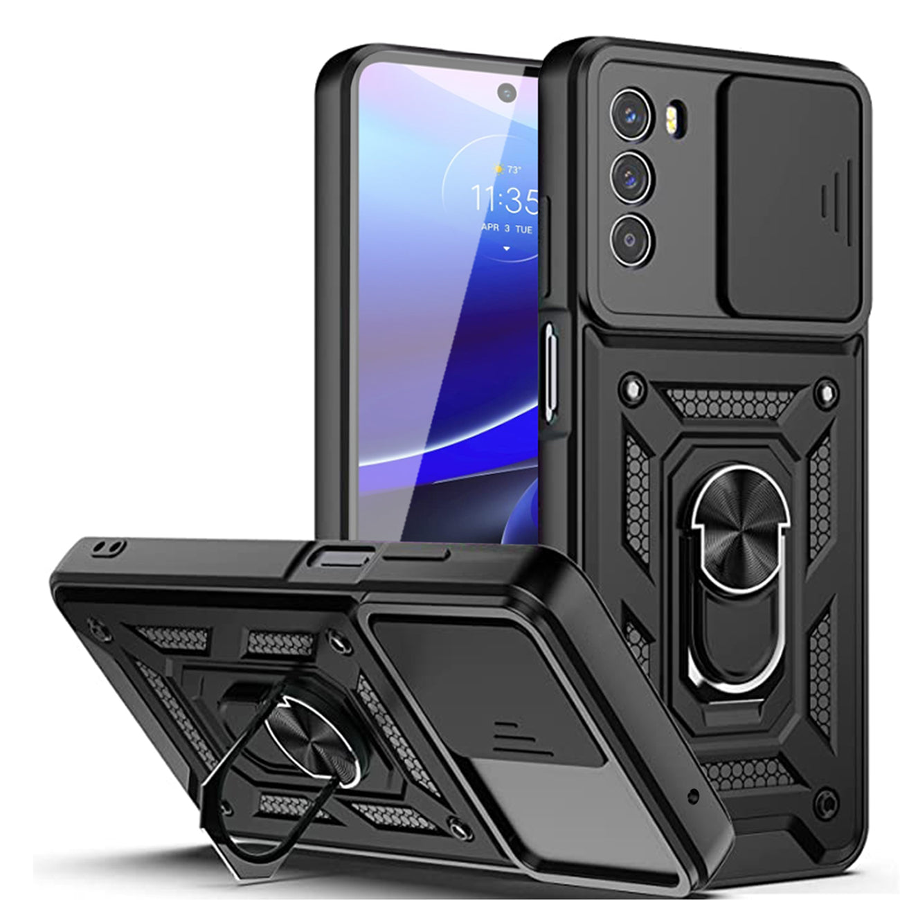 Kickstand Ring Holder with Slide Camera Cover TPU Shockproof Case and Magnetic Car Mount for MOTO G STYLUS 5G (2022) In Black - Crystal Clear & Reliable
