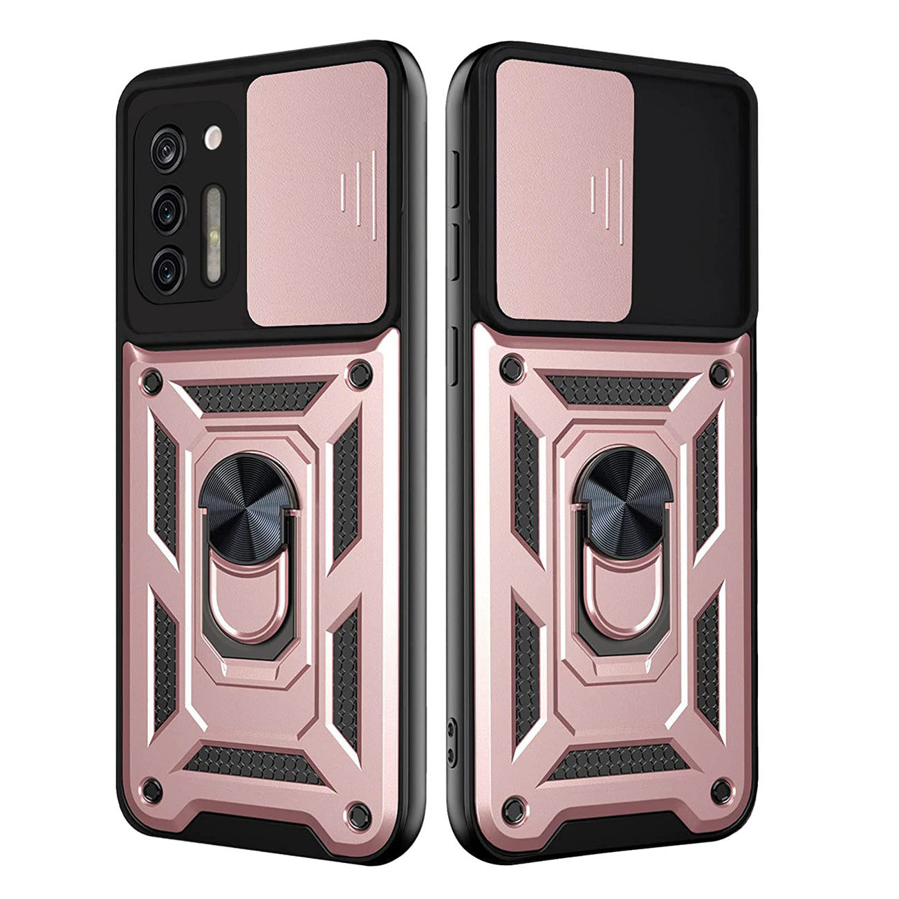 Kickstand Ring Holder with Slide Camera Cover TPU Shockproof Case and Magnetic Car Mount for MOTOROLA G STYLUS In Rose Gold - Crystal Clear & Reliable