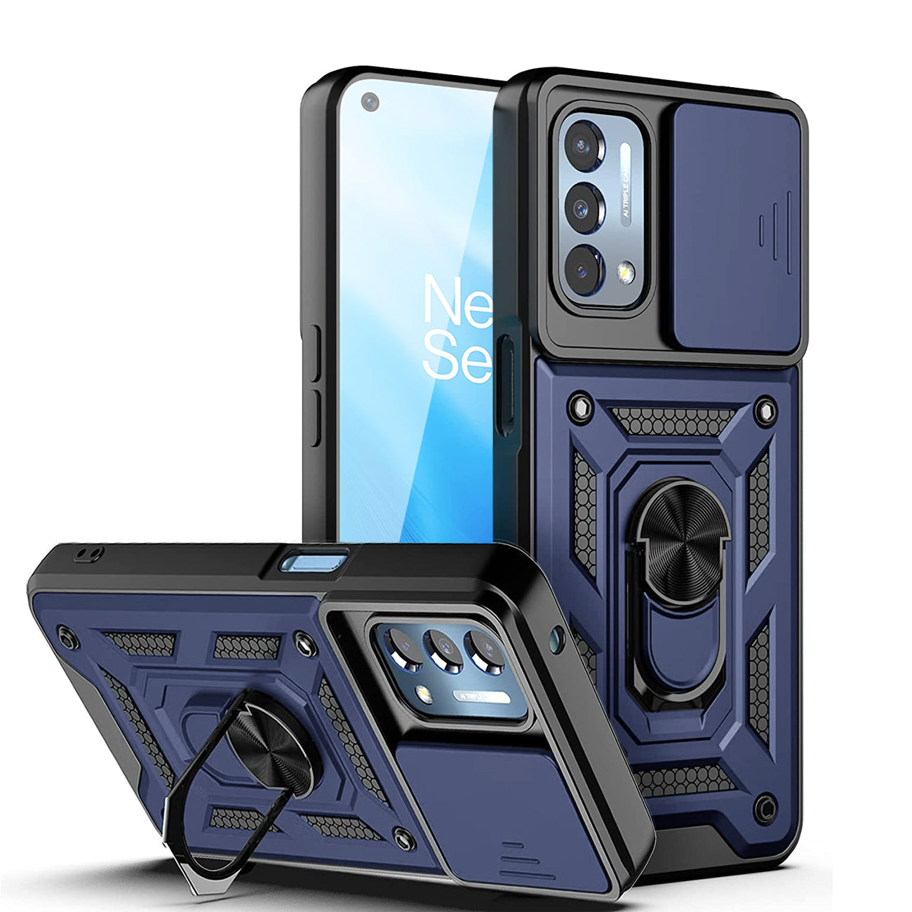 Kickstand Ring Holder & Slide Camera Cover Magnetic Car Mount for ONEPLUS NORD N200 5G In Blue - Premium & Reliable