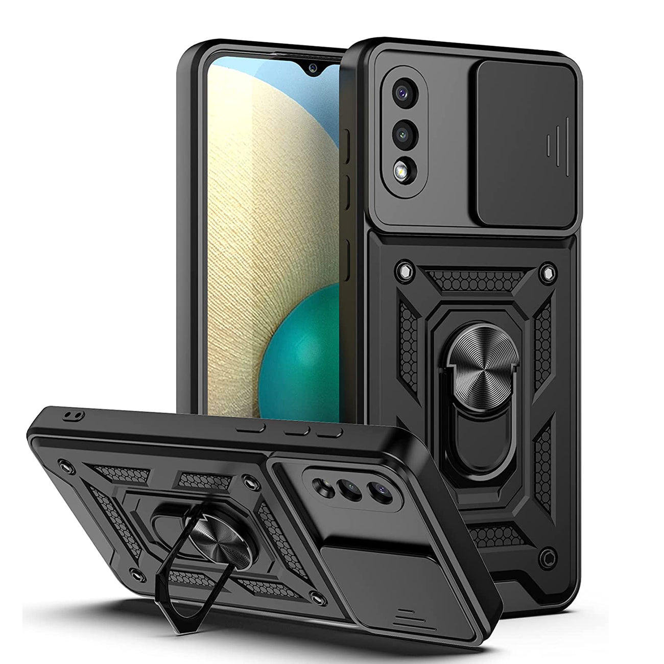 Kickstand Ring Holder with Slide Camera Cover TPU Shockproof Case and Magnetic Car Mount for SAMSUNG GALAXY A02/M02 In Black - Premium & Reliable