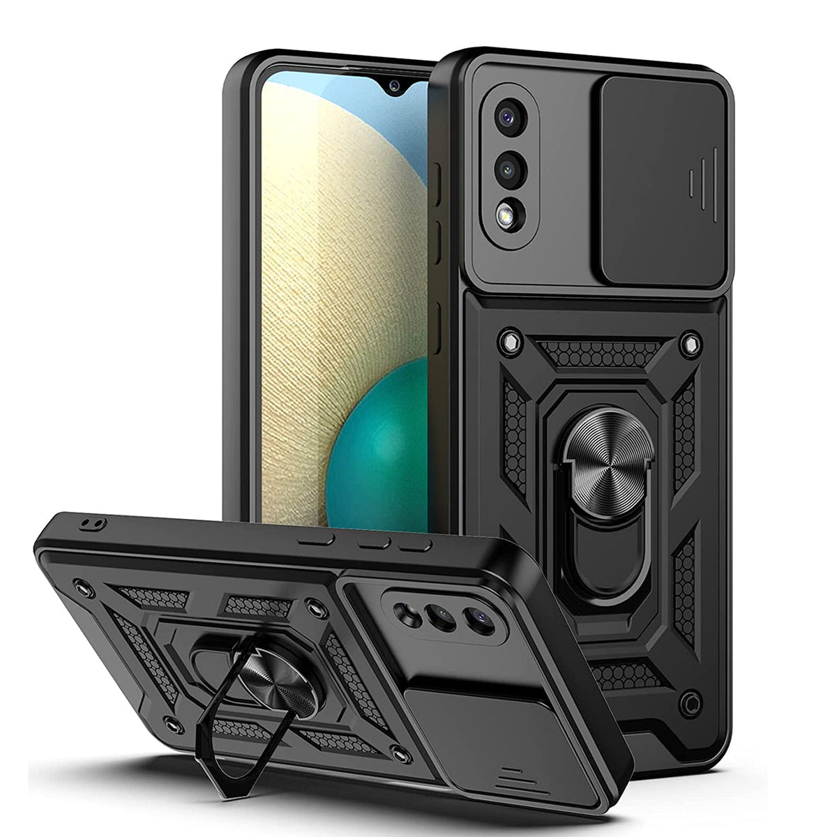 Kickstand Ring Holder with Slide Camera Cover TPU Shockproof Case and Magnetic Car Mount for SAMSUNG GALAXY A02/M02 In Black - Premium & Reliable