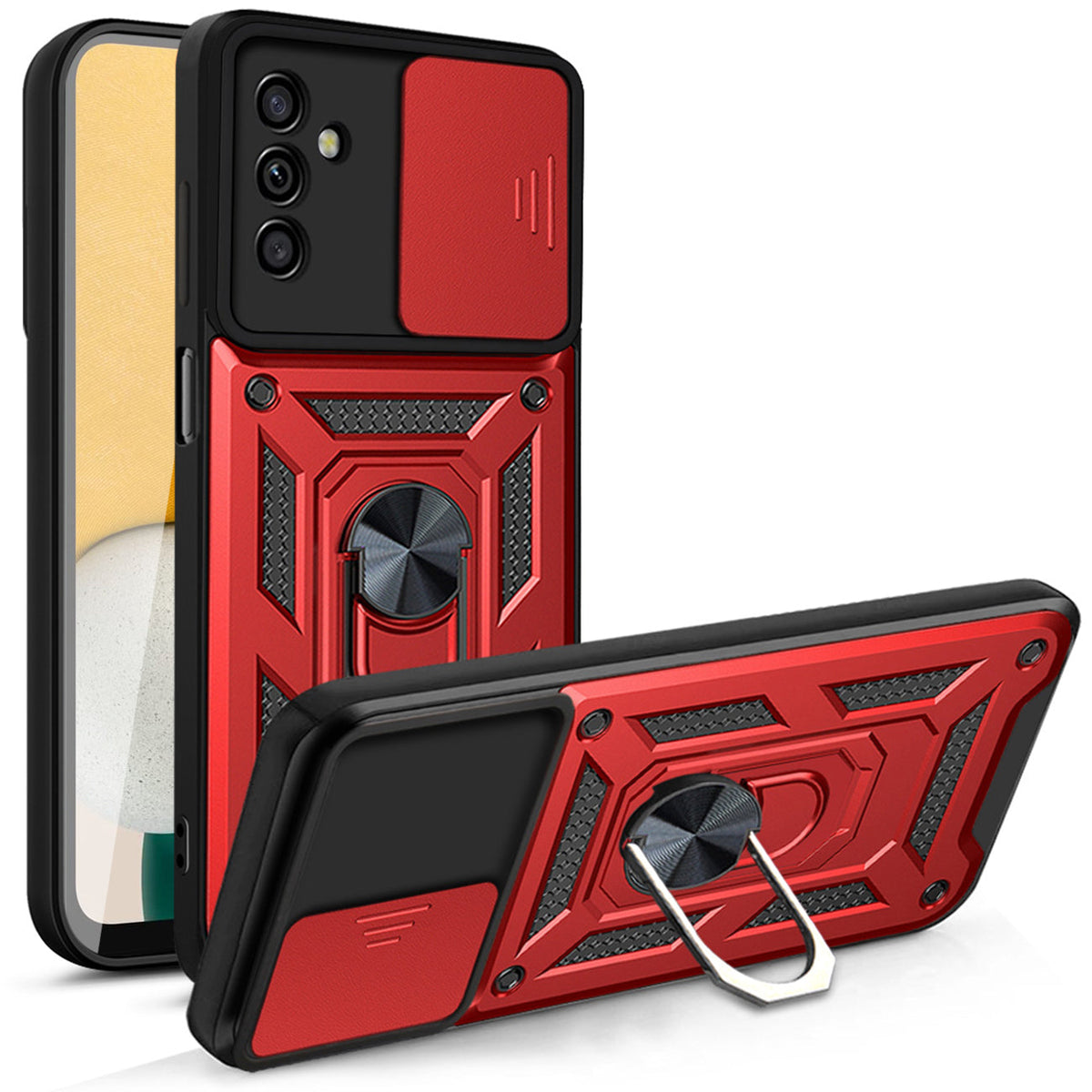 Kickstand Ring Holder with Slide Camera Cover TPU Magnetic Car Mount for GALAXY A13 5G/A04S In Red - Durable & Reliable