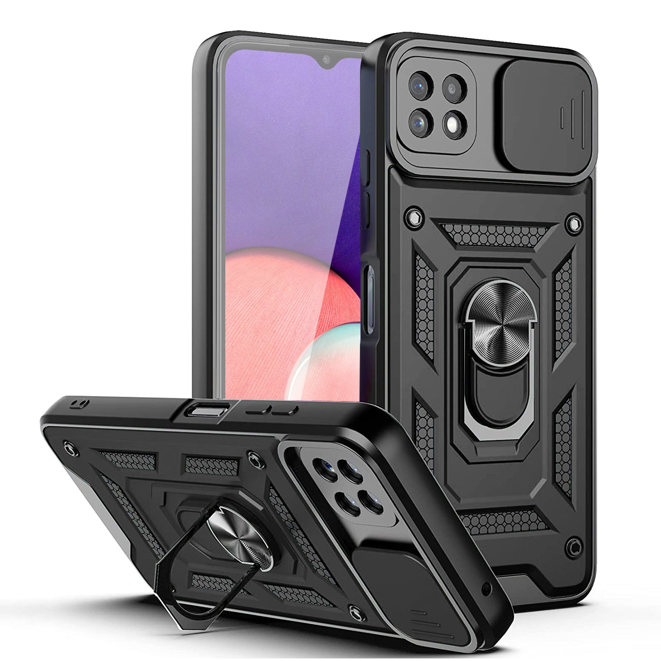 Kickstand Ring Holder with Slide Camera Cover TPU Magnetic Car Mount for GALAXY A22 5G In Black - Durable & Reliable