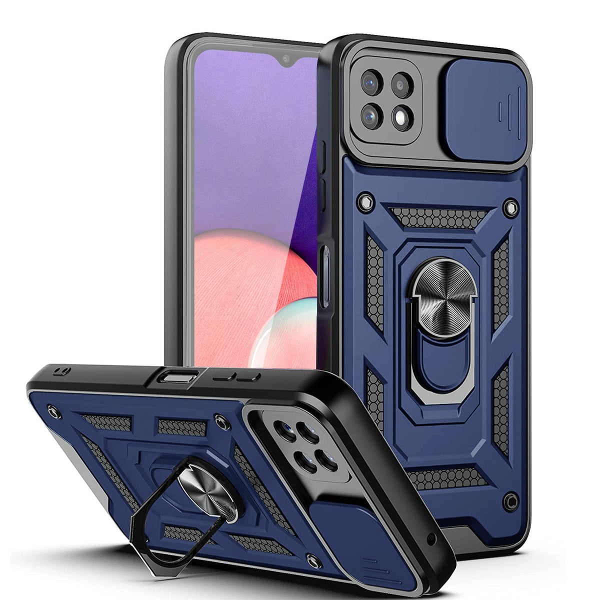 Kickstand Ring Holder with Slide Camera Cover TPU Magnetic Car Mount for GALAXY A22 5G In Blue - Crystal Clear & Reliable