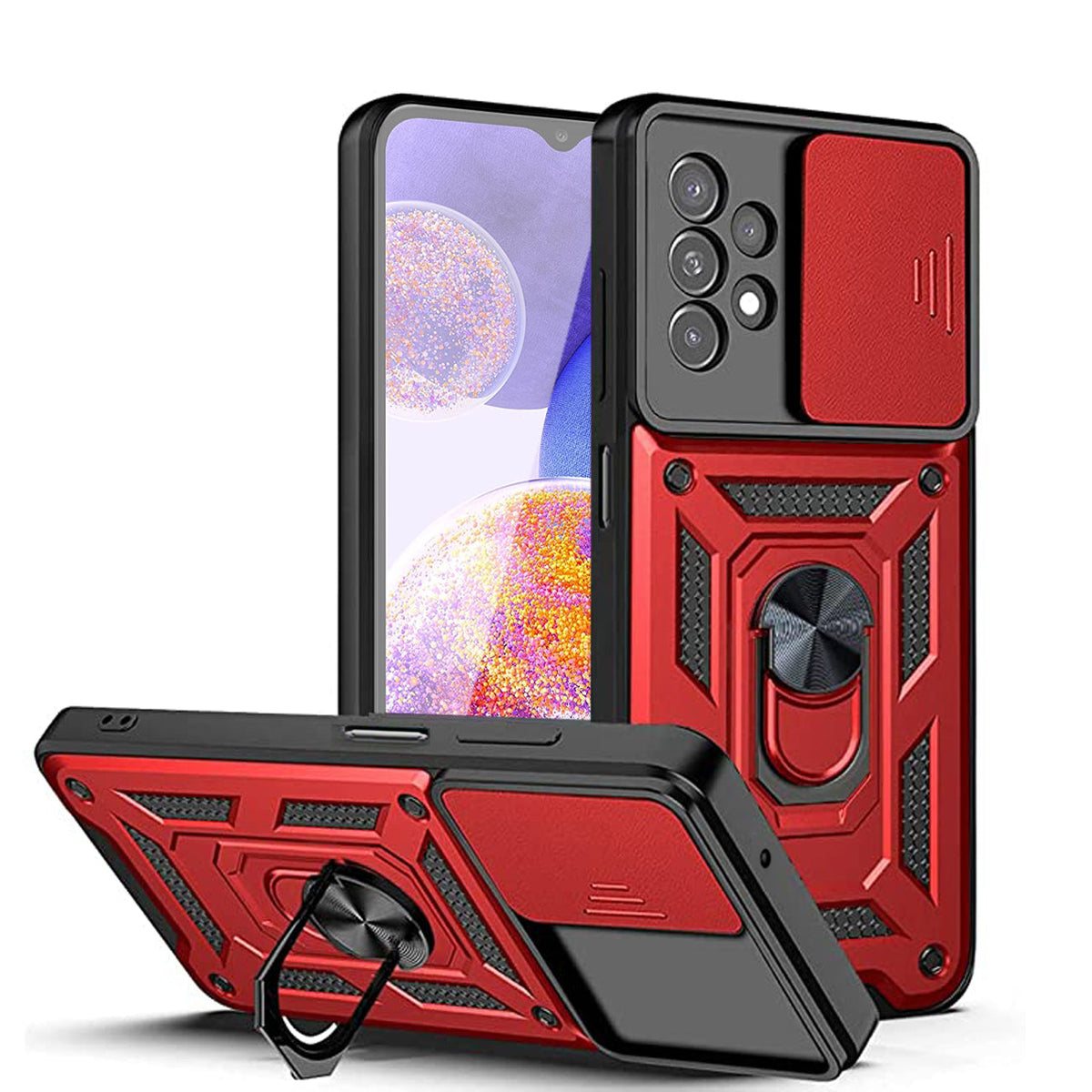 Kickstand Ring Holder with Slide Camera Cover TPU Shockproof Case and Magnetic Car Mount for SAMSUNG GALAXY A33 5G In Red - Crystal Clear & Reliable