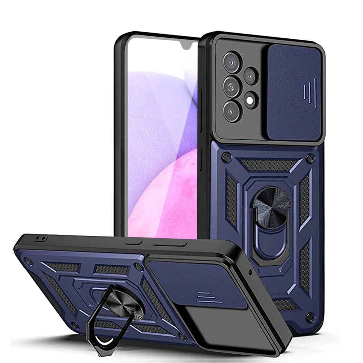Kickstand Ring Holder with Slide Camera Cover TPU Shockproof Case and Magnetic Car Mount for SAMSUNG GALAXY A33 5G In Blue - Crystal Clear & Reliable