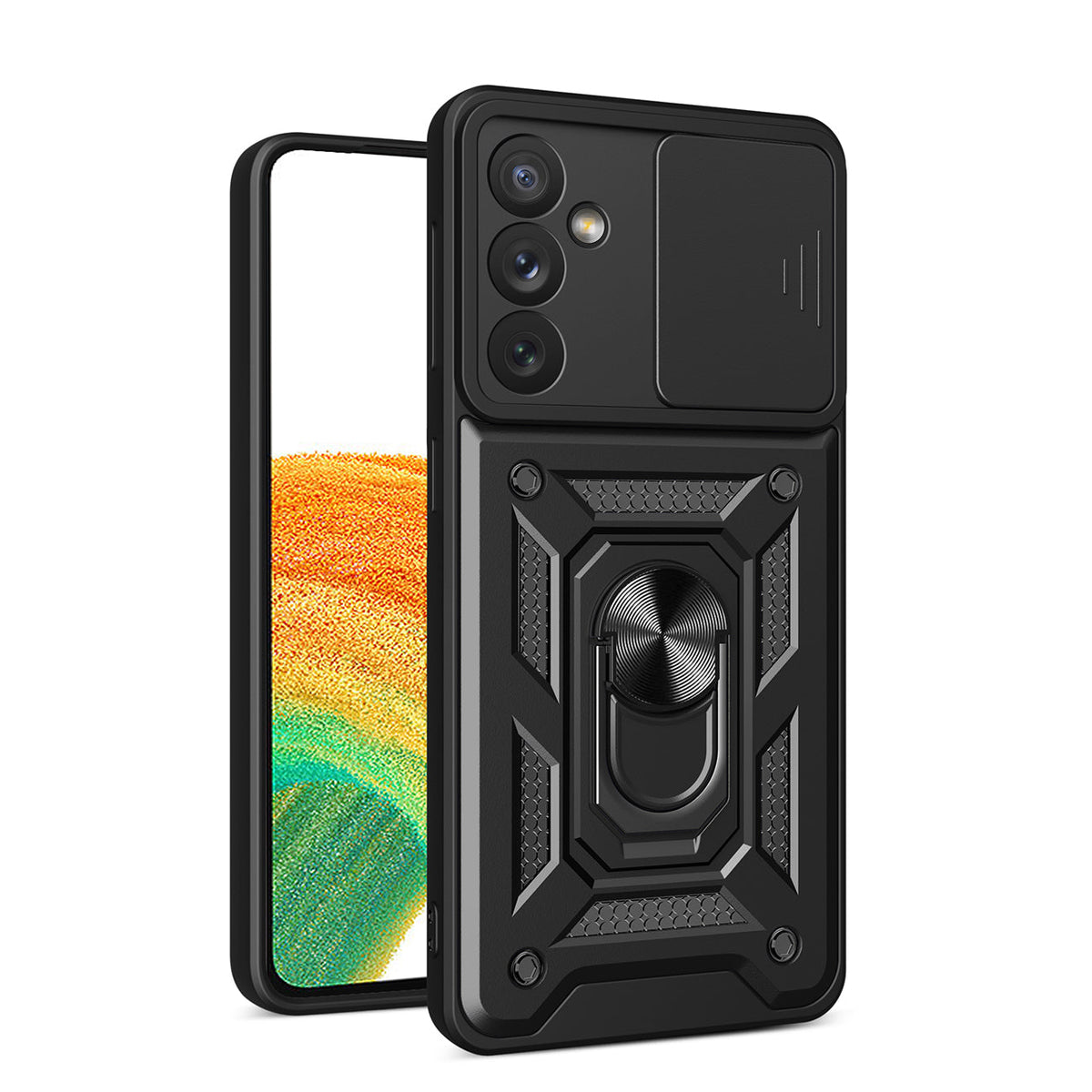 Kickstand Ring Holder with Slide Camera Cover TPU Magnetic Car Mount for GALAXY A34 5G In Black - Crystal Clear & Reliable