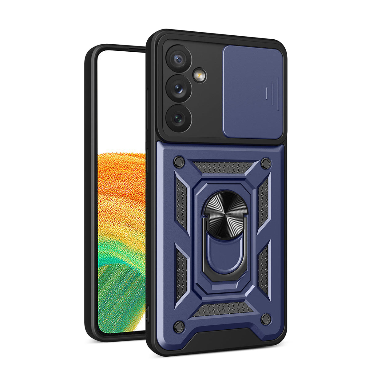Kickstand Ring Holder with Slide Camera Cover TPU Magnetic Car Mount for GALAXY A34 5G In Blue - Durable & Reliable